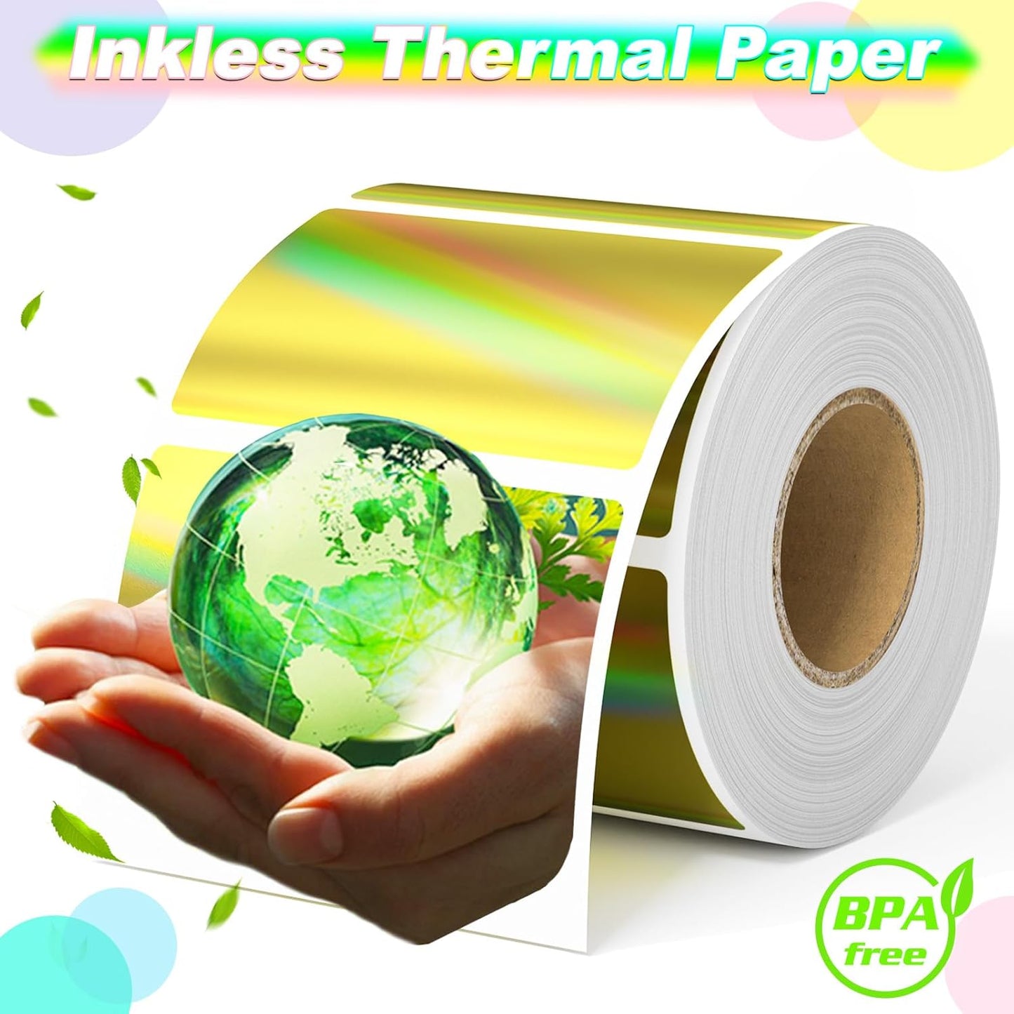 Thermal Sticker Labels 2.25 x 1.25, 500 Gold Holographic Printable Thermal Stickers for Logo Stickers, Name Tag, Thanks You Card, QR, FNSKU, Compatible with Thermal Label Printer