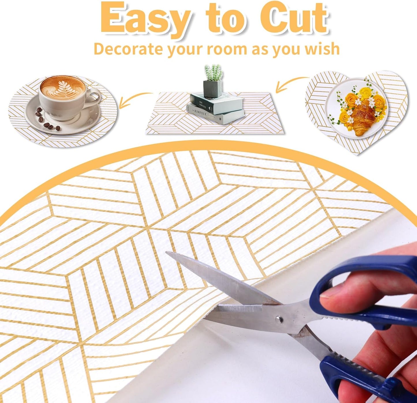 Shelf Liners for Kitchen Cabinets Non Adhesive Shelf Liner Paper Non-Slip Thickened Drawer Liner Easy to Clean for Tool Box Refrigerator with Knife and Tape Measure, Gold Geometric, 17.3 x 236.2 in