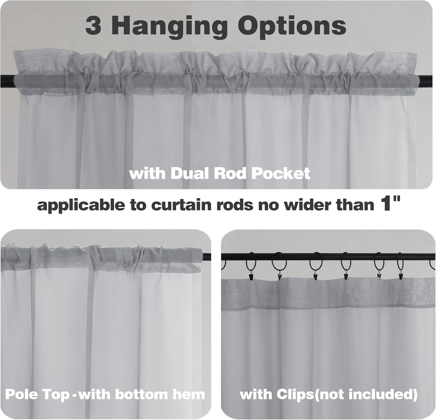 Chyhomenyc Sheer Light Grey Tier Curtains 24 Inch Length, Small Window Curtains Treatment for Bathroom Living Room Basement, Short Rod Pocket Cafe Curtain, 42W x 24L Inches, 2 Panels