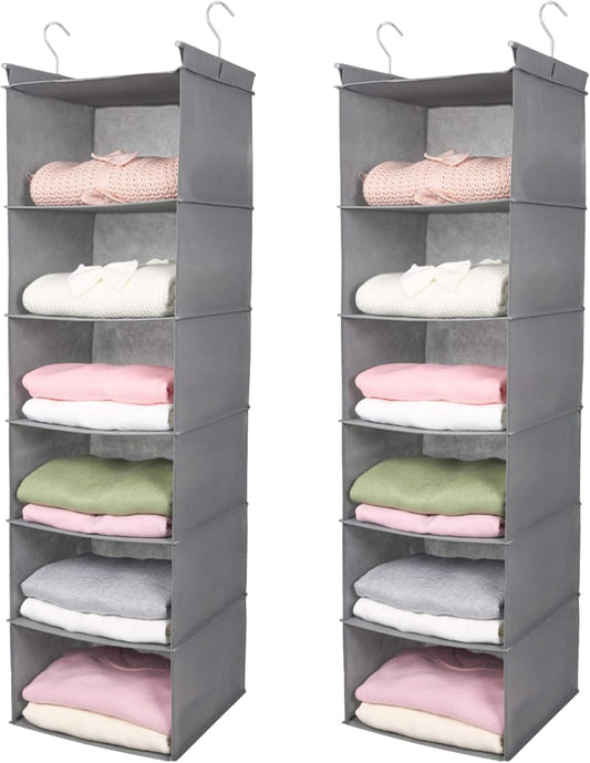 MAX Houser 6 Tier Shelf Hanging Closet Organizer, Closet Hanging Shelf with 2 Sturdy Hooks for Storage,2 Pack, Foldable (Light Grey)
