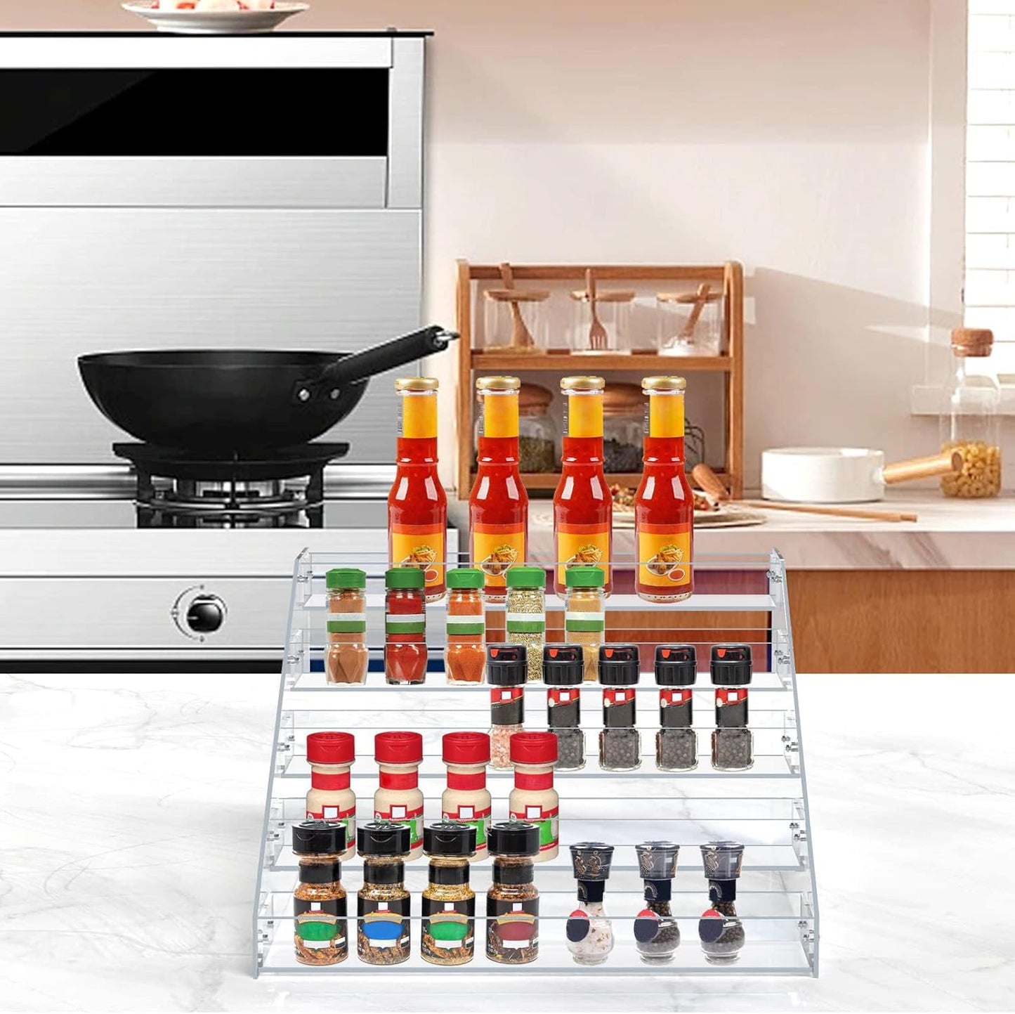 PMMASTO Tiered Spice Rack, Seasoning Organizer, Clear Acrylic Vertical Shelves Can Organizer for Countertop, Cabinet, Pantry, Kitchen Organization and Storage - 5 Tier