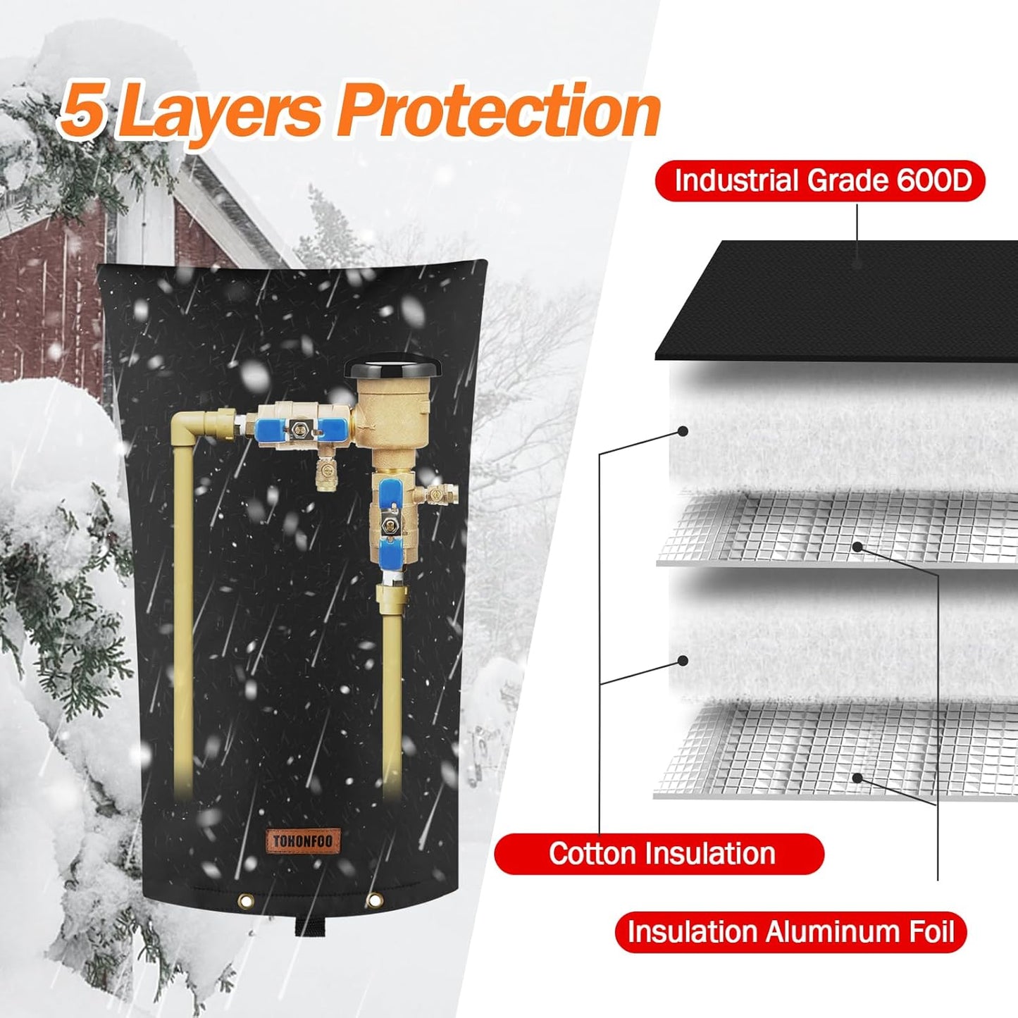 TOHONFOO Backflow Preventer Pipe Insulation Cover (5°F) - Irrigation Sprinkler Valve Insulated Pouch - Water Well Pump Cover - Sturdy 5 Layers for Winter Freeze Protection, 14" W x 26" H, Black