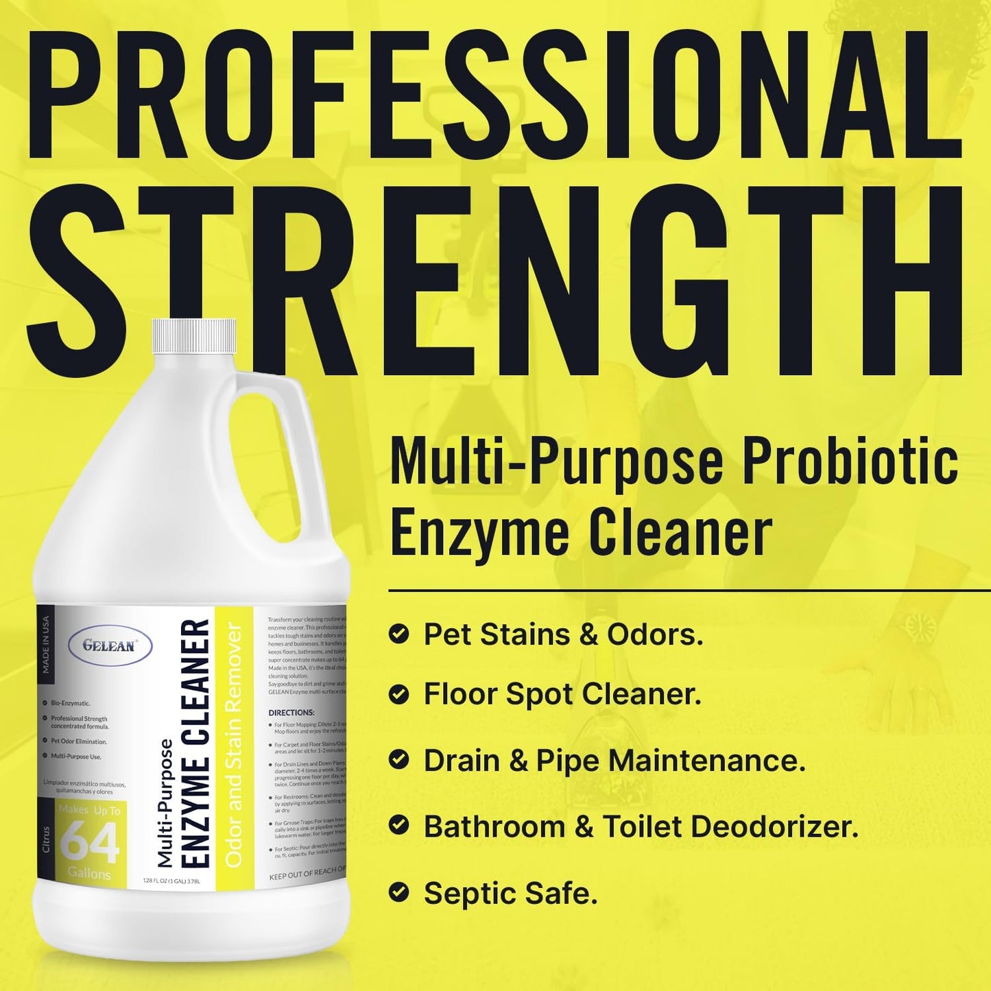 Multi-Purpose Probiotic Enzyme Cleaner, Made in USA - Pet Stain and Odor Remover - Concentrated - Professional & Home Strength Drains, Floors, Bathrooms, Toilets Trash Can, (1 gallon, Citrus)
