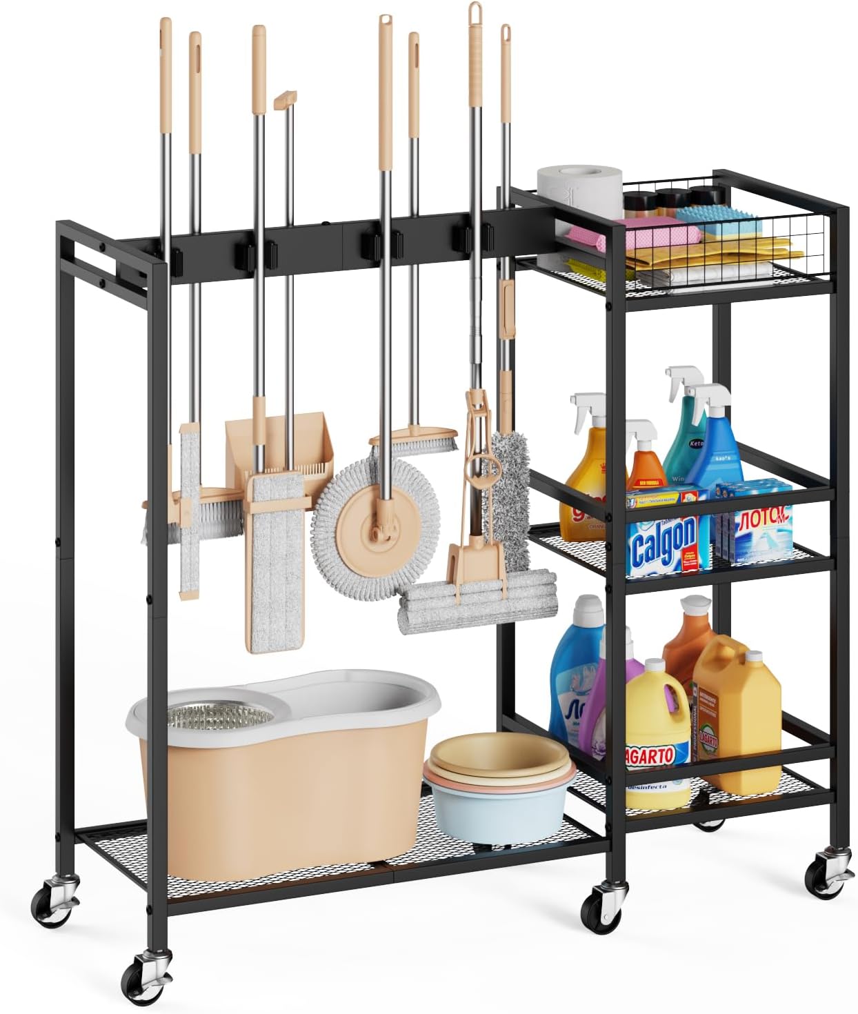 Broom Holder with Cleaning Supplies Organizer, Movable Broom Closet Storage Cabinet with Cleaning Caddy, Cleaning Cart with Mop Rack, Janitorial Housekeeping Cart on Wheels, Laundry Room Organization