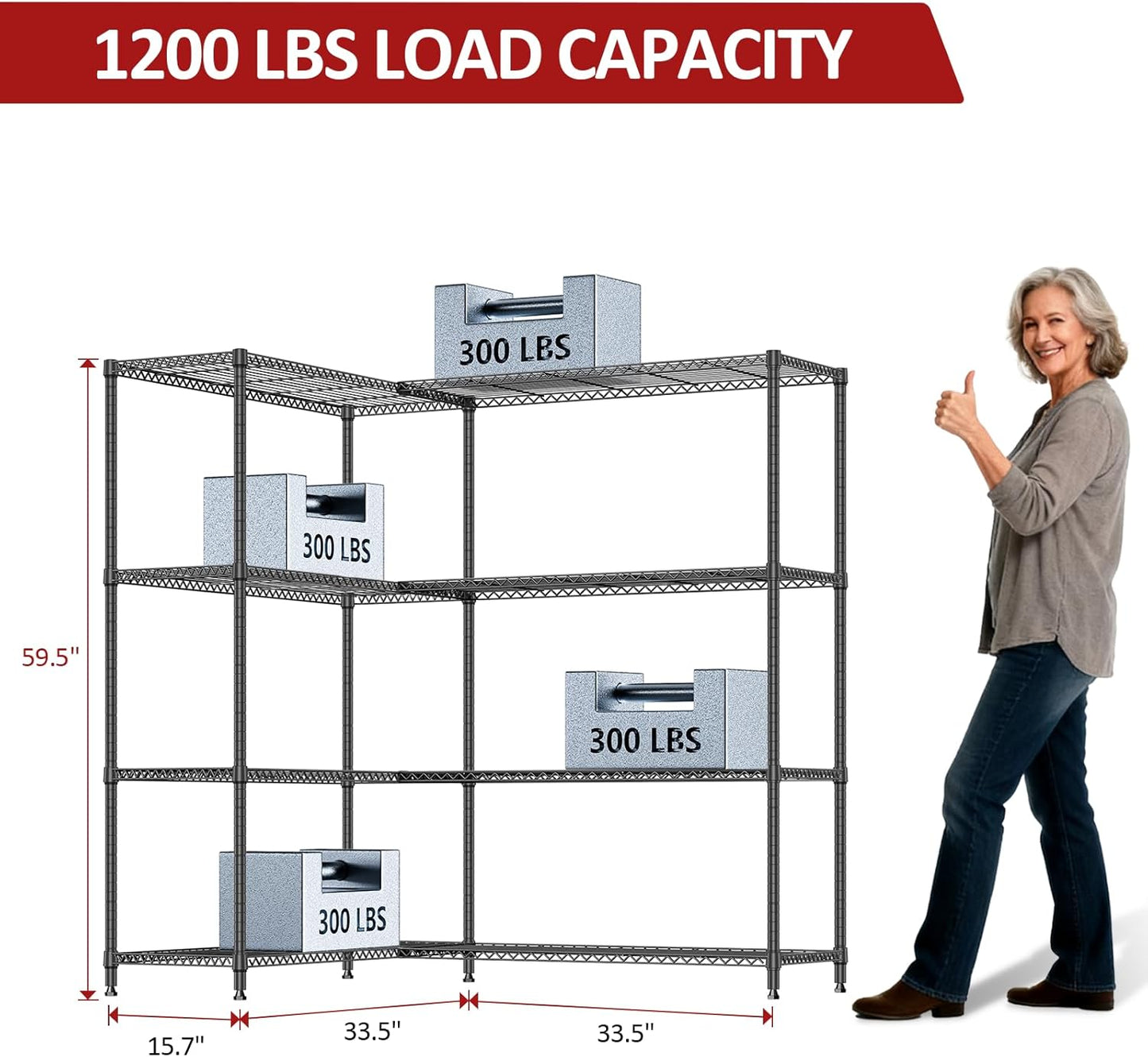 IZEUK Linked Storage Racks, DIY Adjustable Heavy Duty Metal Shelving Unit for Corner, Ideal for Kitchen, Garage, Warehouse, and Garden (Black, 4 Tiers, 15.7" D x 33.5" W x 59.5" H, 1147 lbs Capacity)