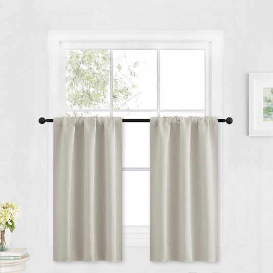 RYB HOME Blackout Short Cafe Curtains, Privacy Light Block Small Window Curtains for Bedroom Kitchen Basement Dining Classroom, W 29 x L 36 inches, Natural, 2 Panels