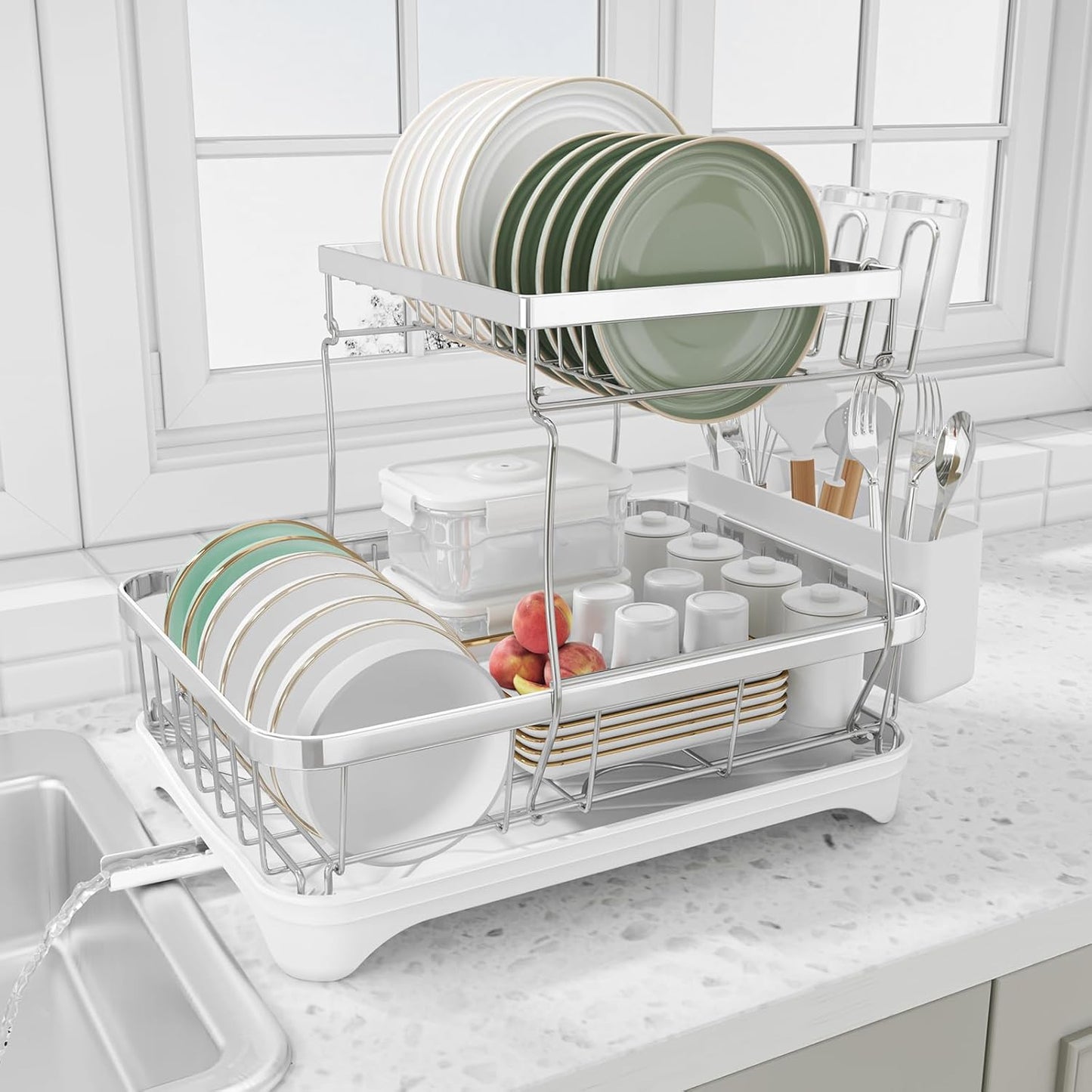 Dish Drying Rack - 304 Stainless Steel Dish Rack for Kitchen Counter, Adjustable Spout Auto-Draining Dish Rack, 2-Tier Kitchen Organizers and Storage Rack with Drainboard and Cutlery Holder White