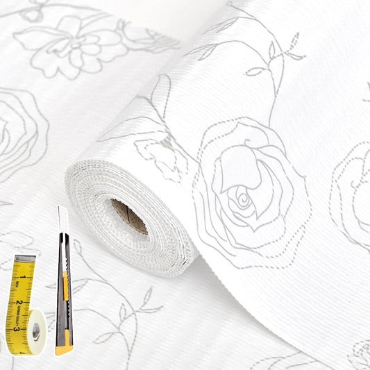 Shelf Liners for Kitchen Cabinets 12in x 30FT Non Adhesive Drawer Liner Sliver Floral Thickened Shelf Liner Paper Strong Non-Slip Easy to Clean for Tool Box Refrigerator with Knife and Tape Measure