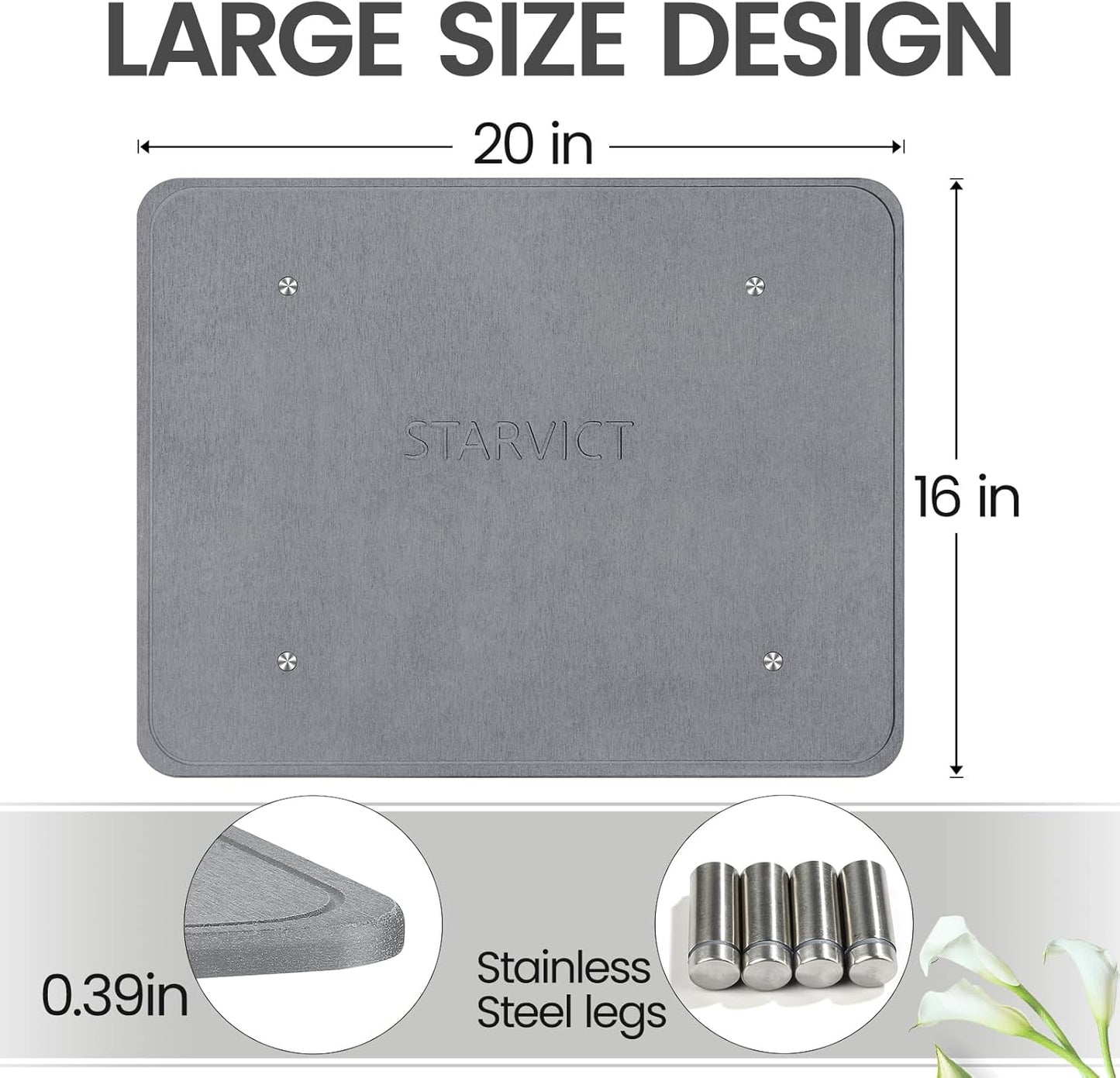 Large Stone Dish Drying Mats for Kitchen Counter,20"(L)×16"(W) Diatomaceous Earth Stone Mat With 4pc silver metal feet,Super Absorbent Fast Drying,Non-Slip Multi-purpose Kitchen Mat