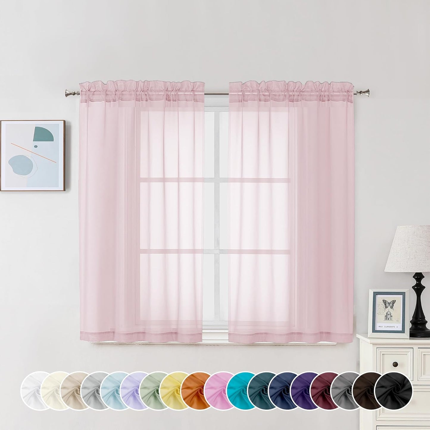 Chyhomenyc Sheer Curtains 45 Inch Long 2 Panels, Short Voile Drapes for Dinning Small Windows Bathroom Living Room Bedroom, Rod Pocket, 42Wx45L Inches, 2PCS, Blush Pink