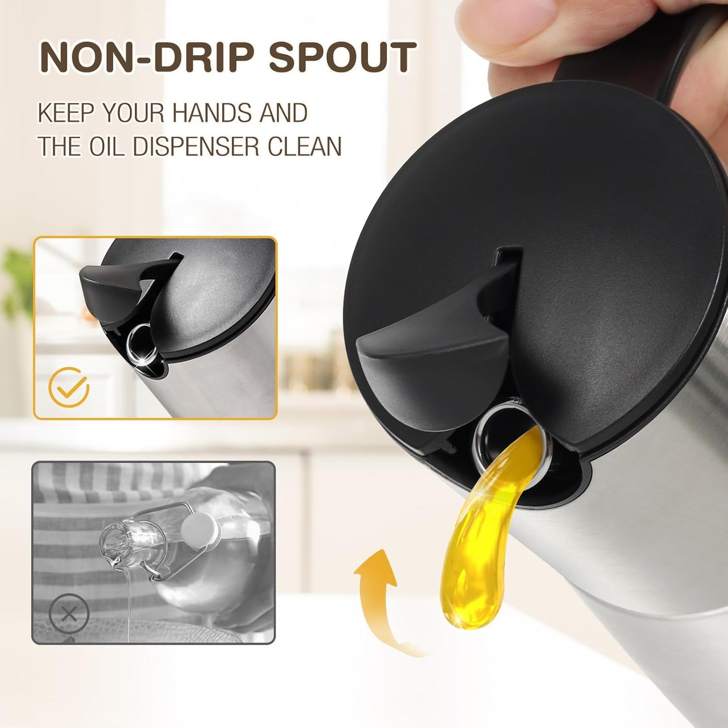 Vucchini Oil Dispenser Bottle Stainless Steel-Auto Flip Kitchen Oil and Vinegar Dispenser Set With Automatic Cap and Stopper - 12.8 oz Non-drip Spout Cruet Bottle