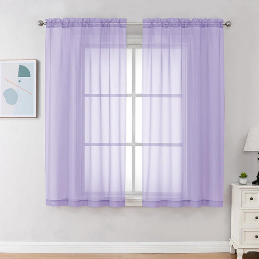 Chyhomenyc Lilac Sheer Curtains 45 Inch Long 2 Panels, Light Filtering Rod Pocket Voile Short Curtains Drapes for Living Room Bedroom Small Windows, 42Wx45L Inches