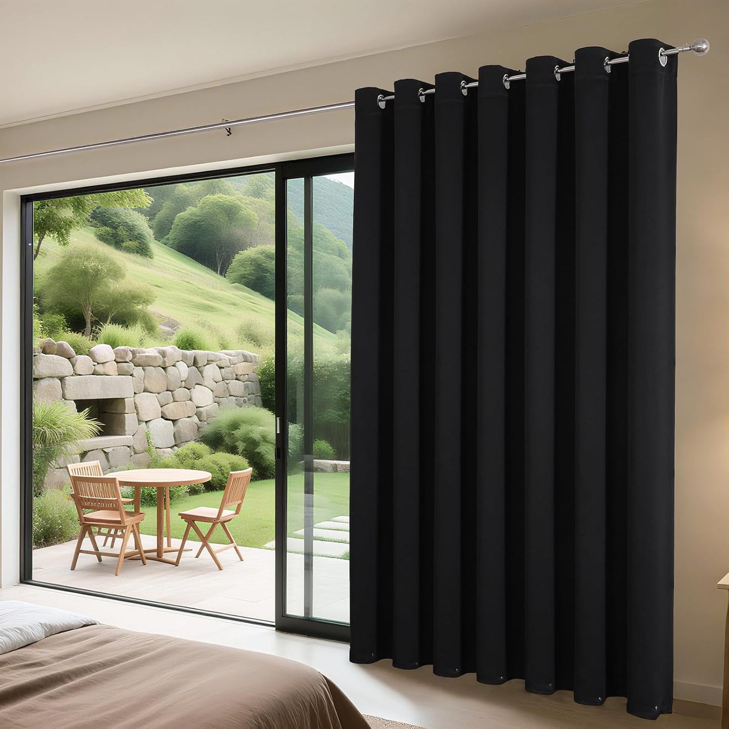 Joydeco Blackout Patio Sliding Door Curtains 84 Inches Long, Grommet Privacy Room Divider Curtains, Extra Wide Thermal Blackout Drapes for Bedroom Living Room (Black, 70Wx84L, 1 Panel)