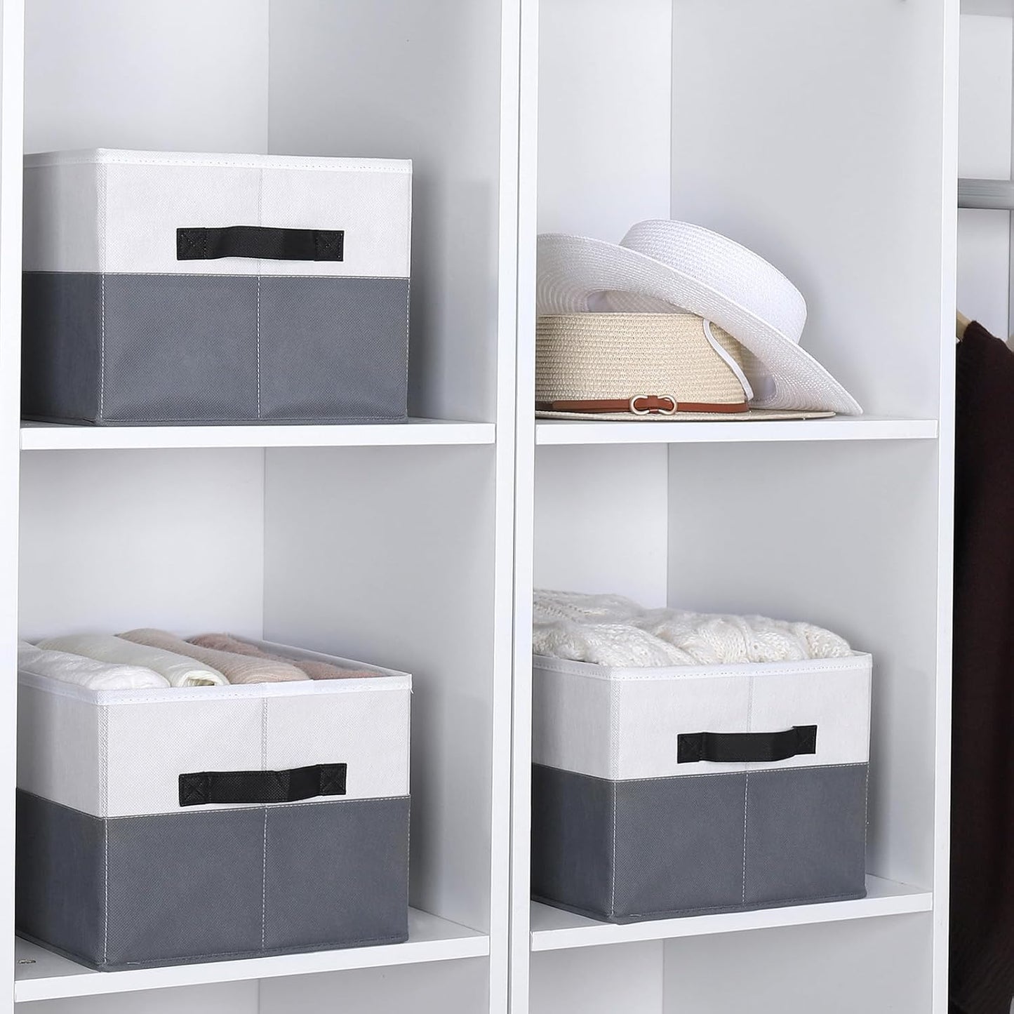 WUIKE Storage Baskets for Shelves, Fabric Closet Storage Bins with Handles, Foldable Clothes Organizer Bins for Bedroom, Nusery, Gray & White, Large, 3-Pack