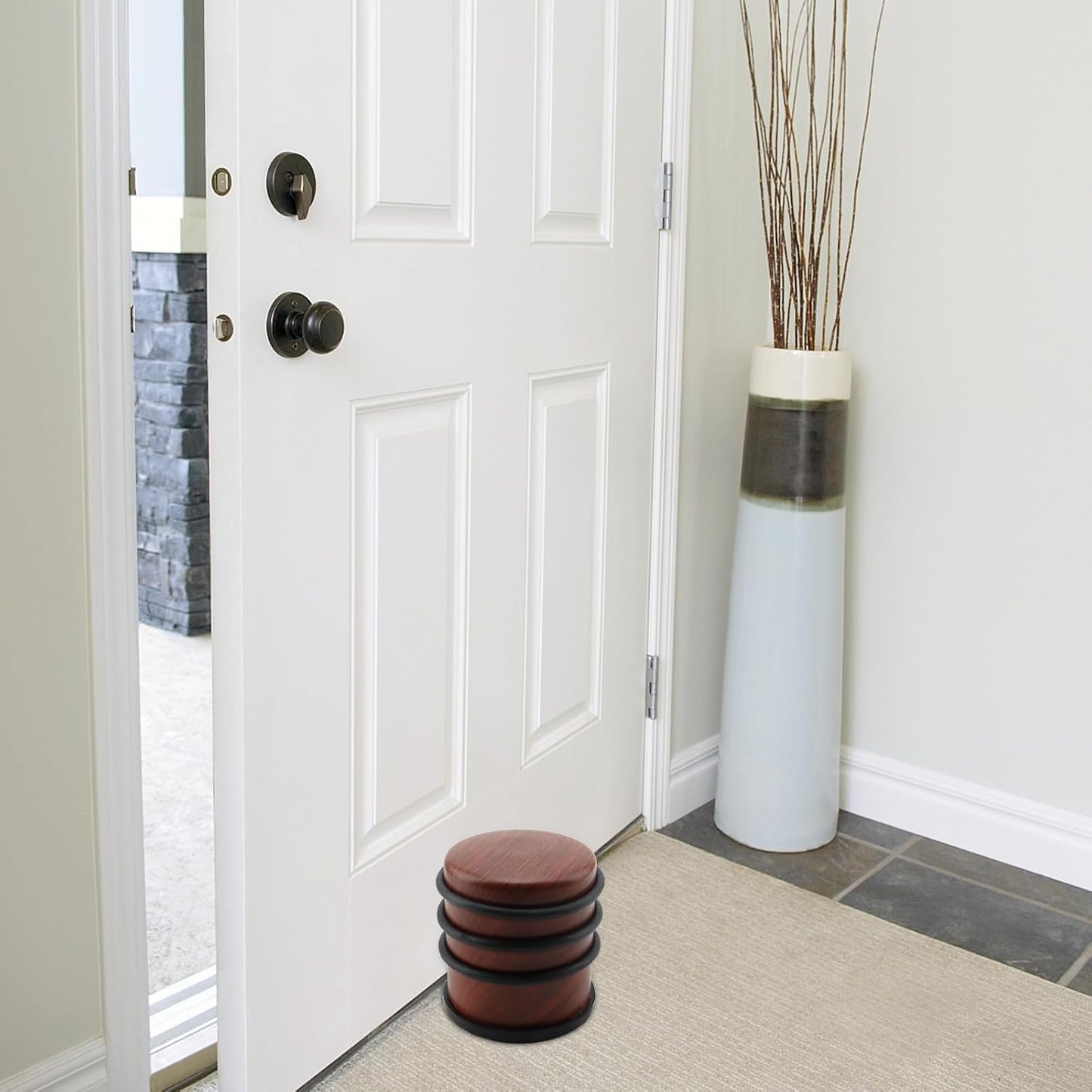 KINJOEK 4 PCS 1KG Heavy Duty No Drill Door Stopper, Stainless Steel Door Stop, Surrounded with Protective Rubber Bands Anti-Slip Door Wedge for Office, Home, Garage, Laundry Door, Brown Te