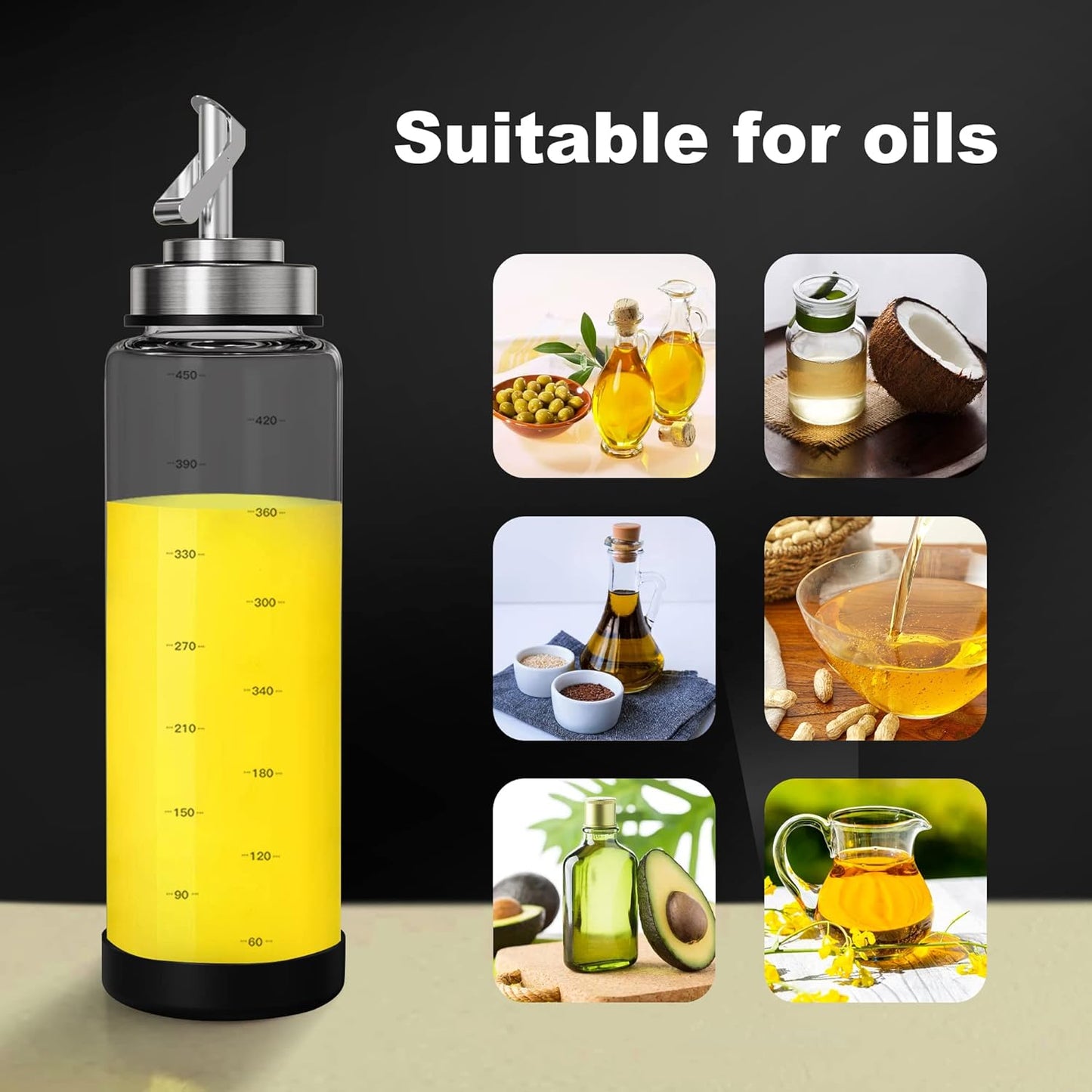 Suli Glass Olive Oil Dispenser Bottle -2 Pack17oz Oil and Vinegar Cruet Set with Steel Spouts and Labels for Kitchen Cooking, Salad Dressing, and BBQ (Silver)