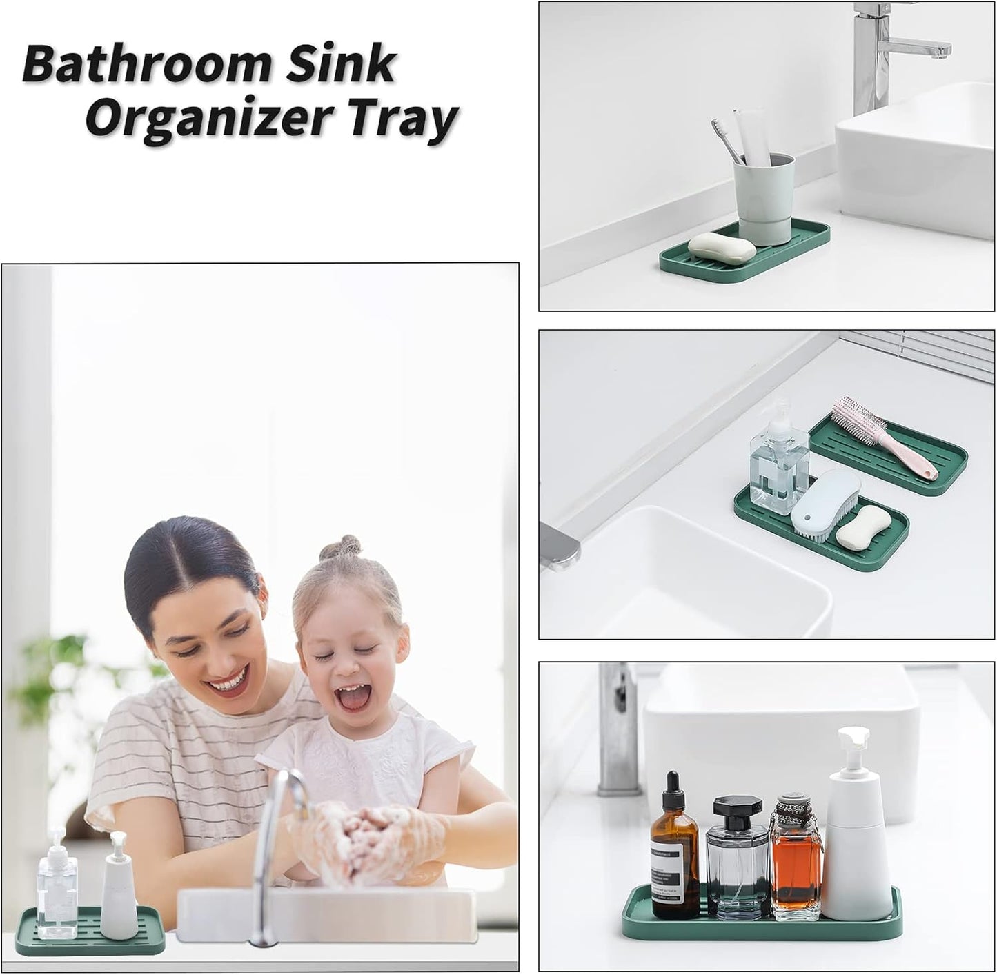 Silicone Kitchen Sink Organizer Tray for Multiple Usage,Eco-Friendly Sponges Holder for Kitchen Bathroom Counter or Sink,Dish Soap Dispenser,Scrubber,Bottle,Cup (Green, 10"×5.3")