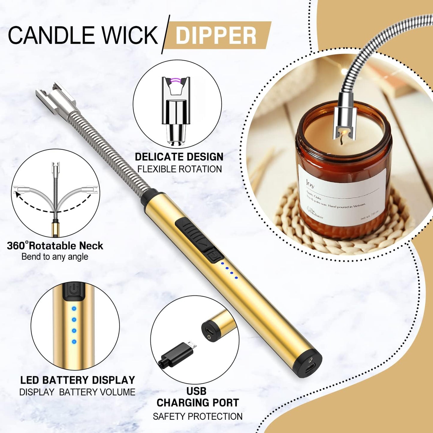 6 in 1 Candle Accessory Set,Candle Wick Trimmer Cutter,Candle Wick Dipper,Candle Wick Snuffer, Rechargeable Candle Lighter,Storage Tray Plate,Tweezers,Stainless Steel Candle Care Kit Home Gift(Gold)