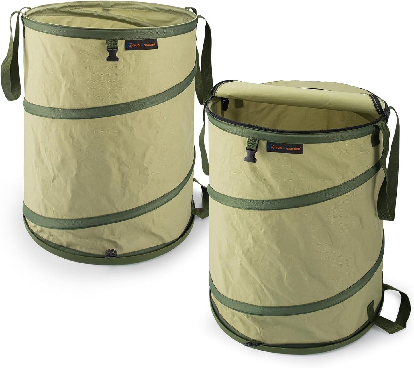 YUDI & GARDEN 29 Gallon Hard Bottom Collapsible Trash Can｜Collapsible Garden Bag｜Camping Trash Can, Green 2-Pack for Collecting Weeds or Yard and Party Waste
