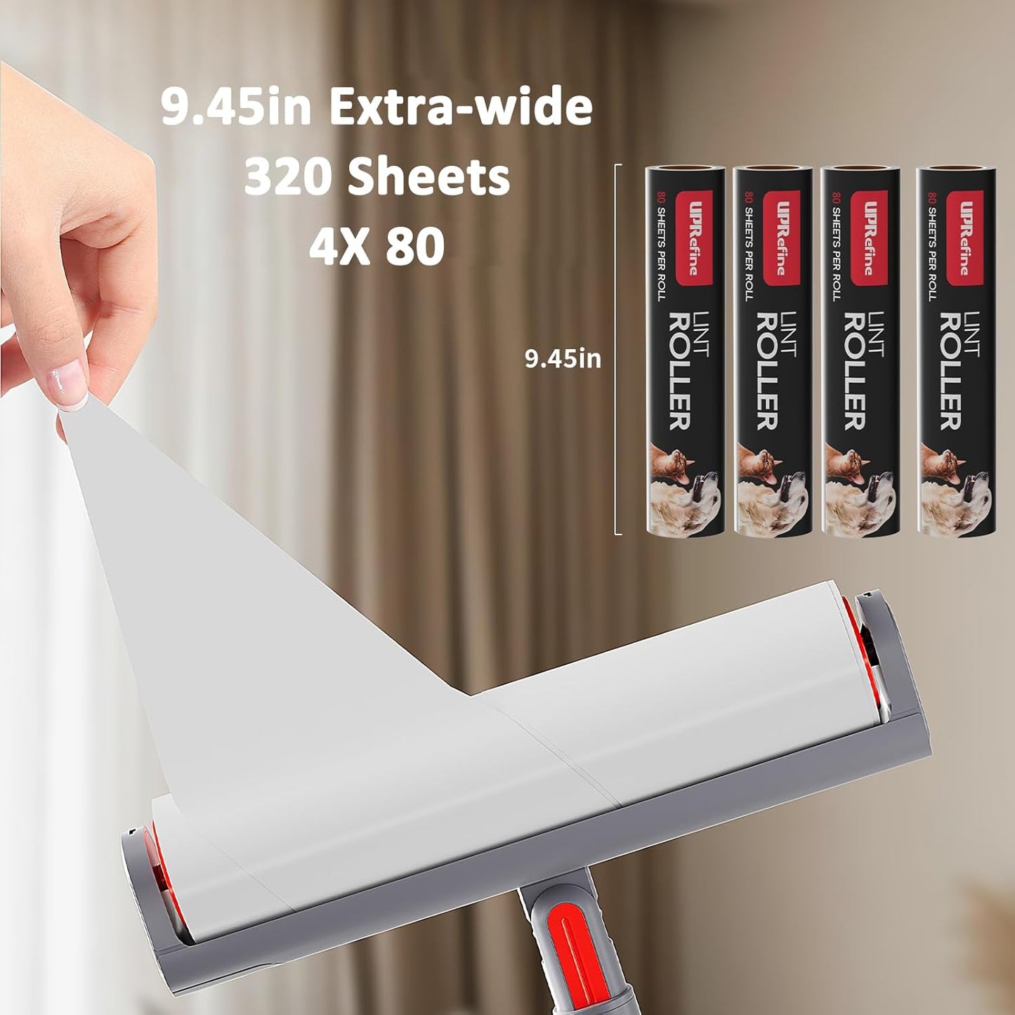 Large Lint Roller Refill 320 Sheets(4 Pack) Value Set, Extra Sticky, Easy Tear for Lint Remover, 9.45 in Pet Mega Extreme Stick Refill for Floor Roller Cleaning for Pet Hair