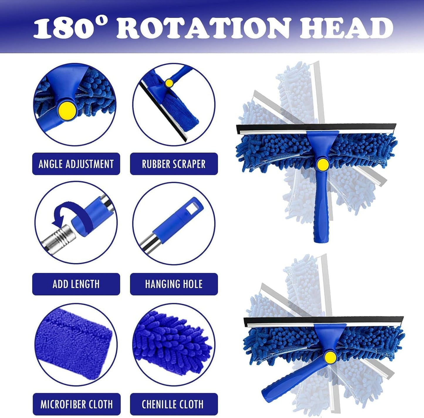 Window Squeegee Cleaner Tool Set,3-in-1 Window Cleaning Kit with 94" Long Extension Pole,Rotatable Bendable Window Washing Kit with 2 Blade 2 Scrubber for Home Car Glass Window Cleaning (11Pcs,Blue)