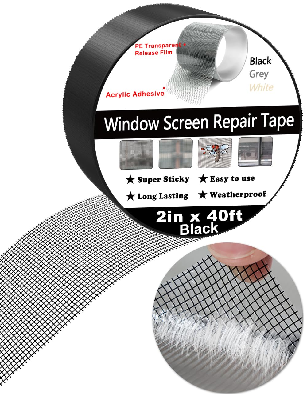 Wohohoho Window Screen Repair Tape, 2 in X 40 FT (480IN) Black Screen Patch Repair Kit, 3-Layer Strong Adhesive Invisible Screen Tape Mesh Repair for Windows, Doors Garage Mosquito Net Magnetic Screen