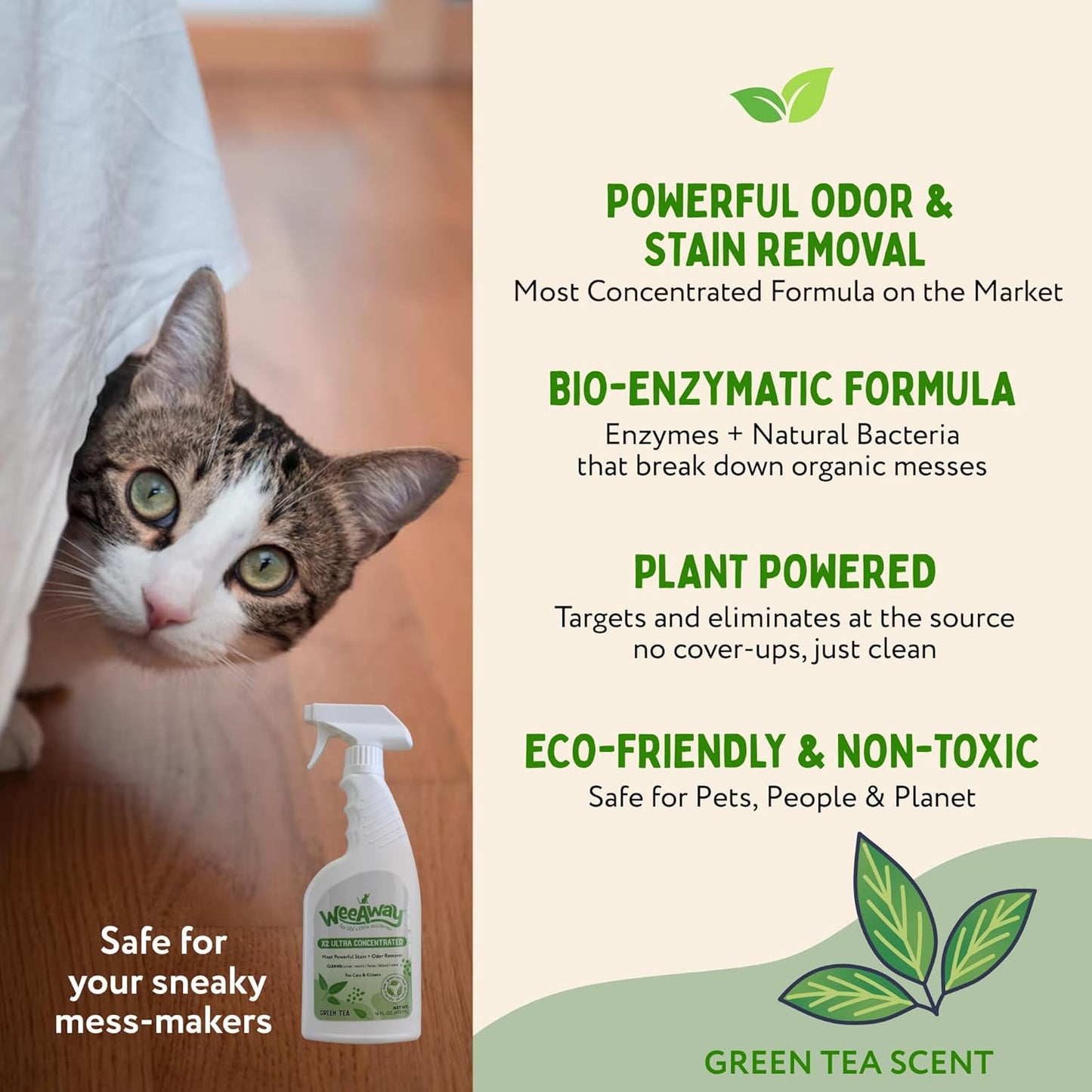 Wee Away X2 Ultra Concentrated Pet Stain and Odor Remover, Enzyme Cleaner for Cat Urine and Poop Carpet & Furniture Safe, Pet Urine Odor Eliminator Spray (Green Tea 16 oz)