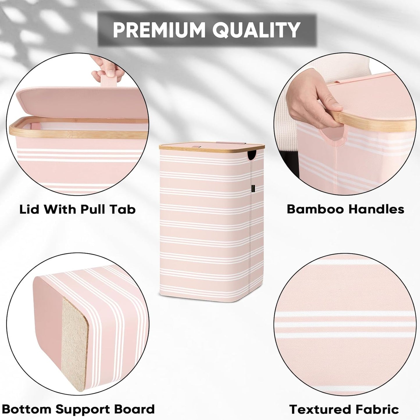 BALEINE Laundry Hamper with Lid, Tall Laundry Baskets with Bamboo Pull Handles, Large Laundry Bin with Internal Support (18 Gal/70L, Pink Pinstripe)