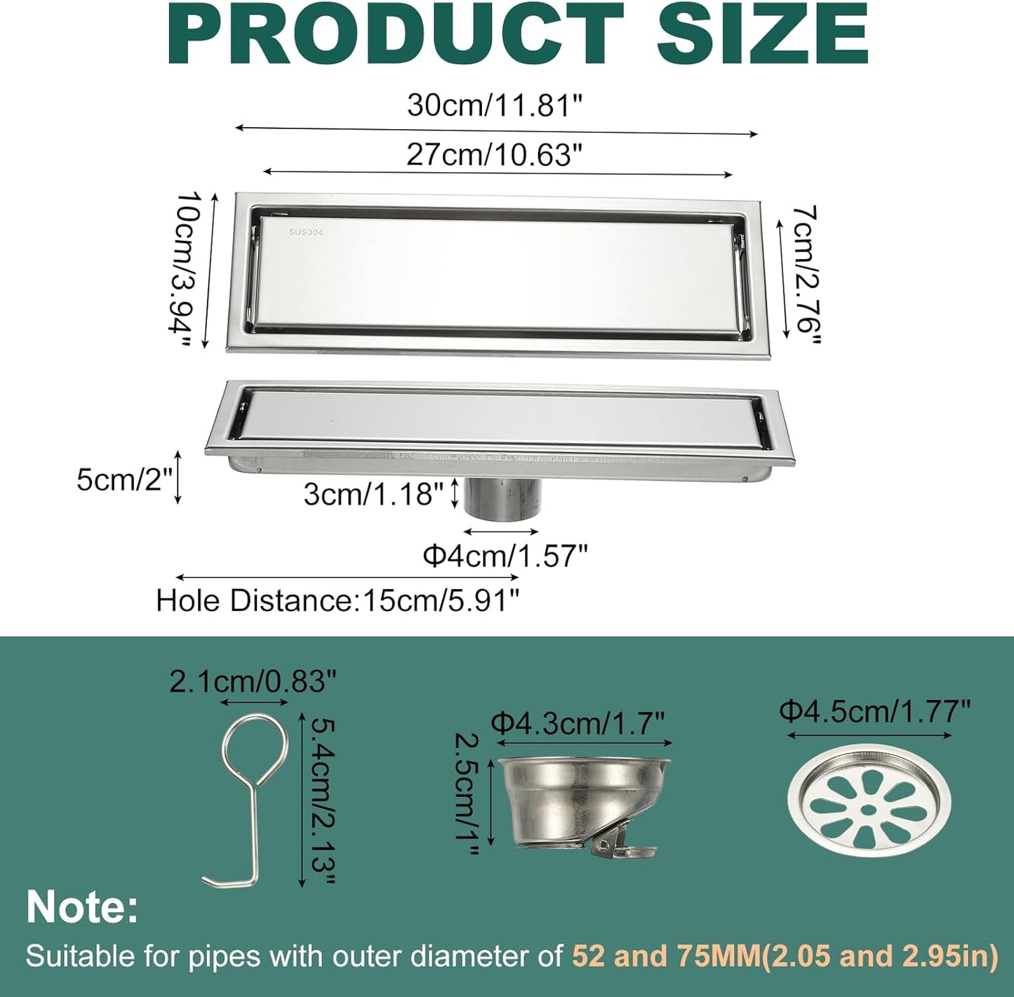 uxcell Rectangular Shower Drain, Brushed 304 Stainless Steel Odor-Proof Floor Drain Linear Shower Drain Hair Catcher for Bathroom Kitchen and Laundry Room(12 Inch, Brushed Silver)