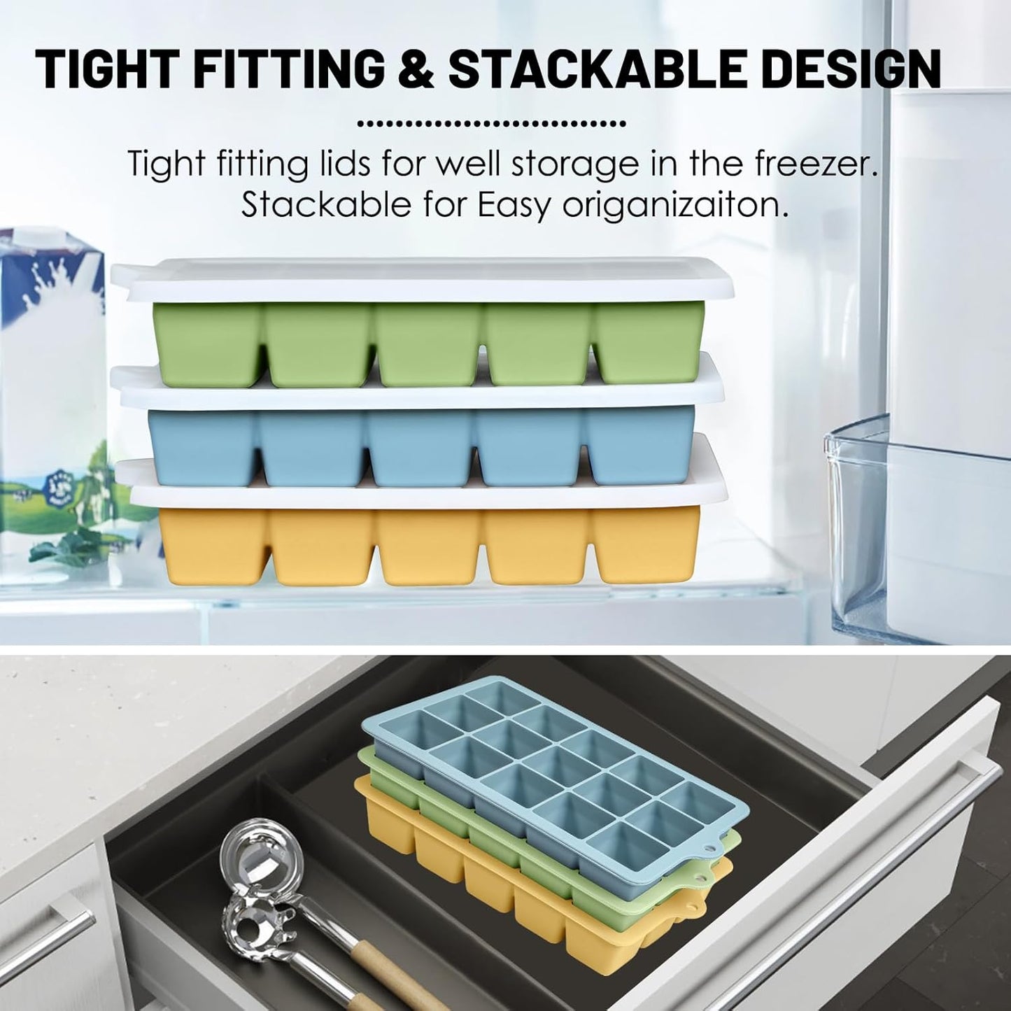 Silicone Ice Cube Trays 3Packs, Easy Release Ice Cube Molds with Lid, Freezer Stackable Ice Maker for Whiskey, Baby Food, BPA Free (3, Blue+Green+Yellow)