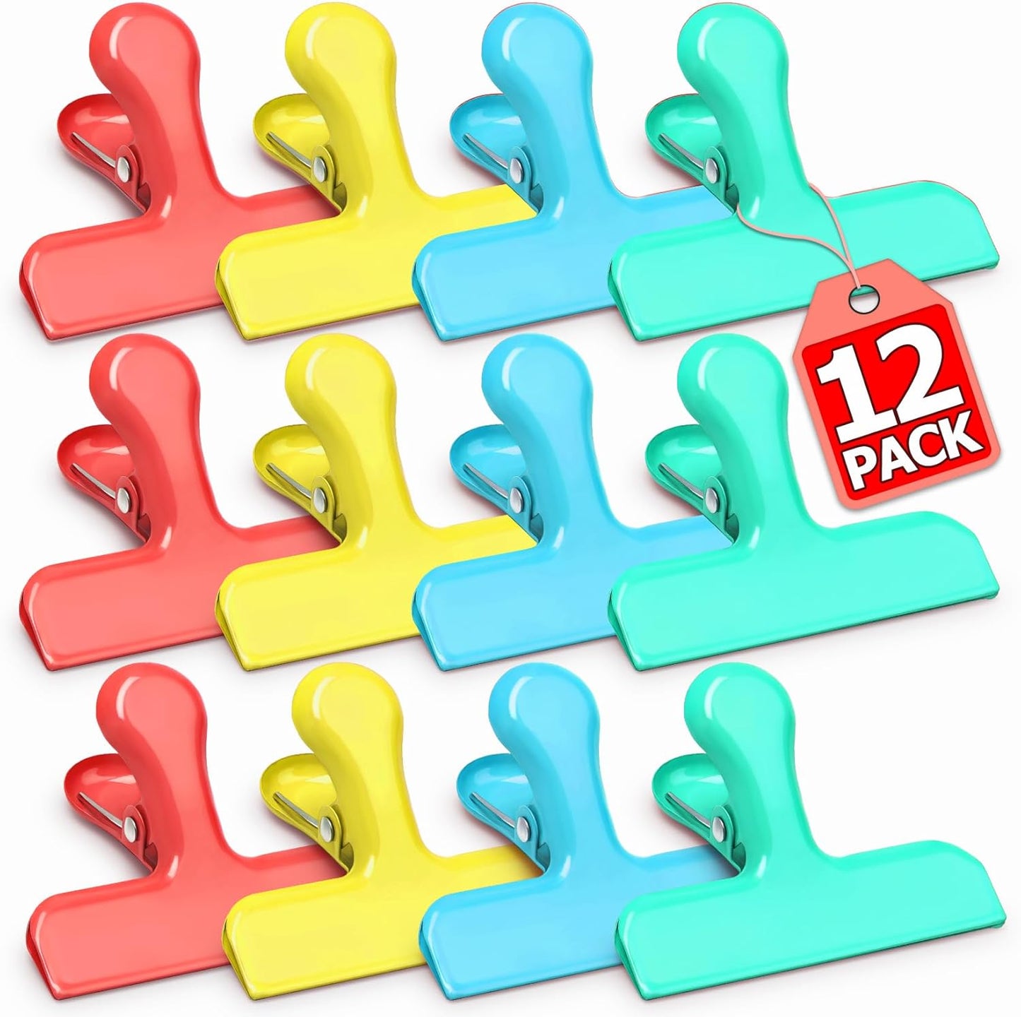 VNDUEEY 12 Pack Stainless Steel Chip Bag Clips, Chip Clips for Food Bags, Heavy Duty Metal Clip for Kitchen and Office to Seal Coffee Bags, Paper Sheets, Air Tight Seal-3 Inches, Multicolor