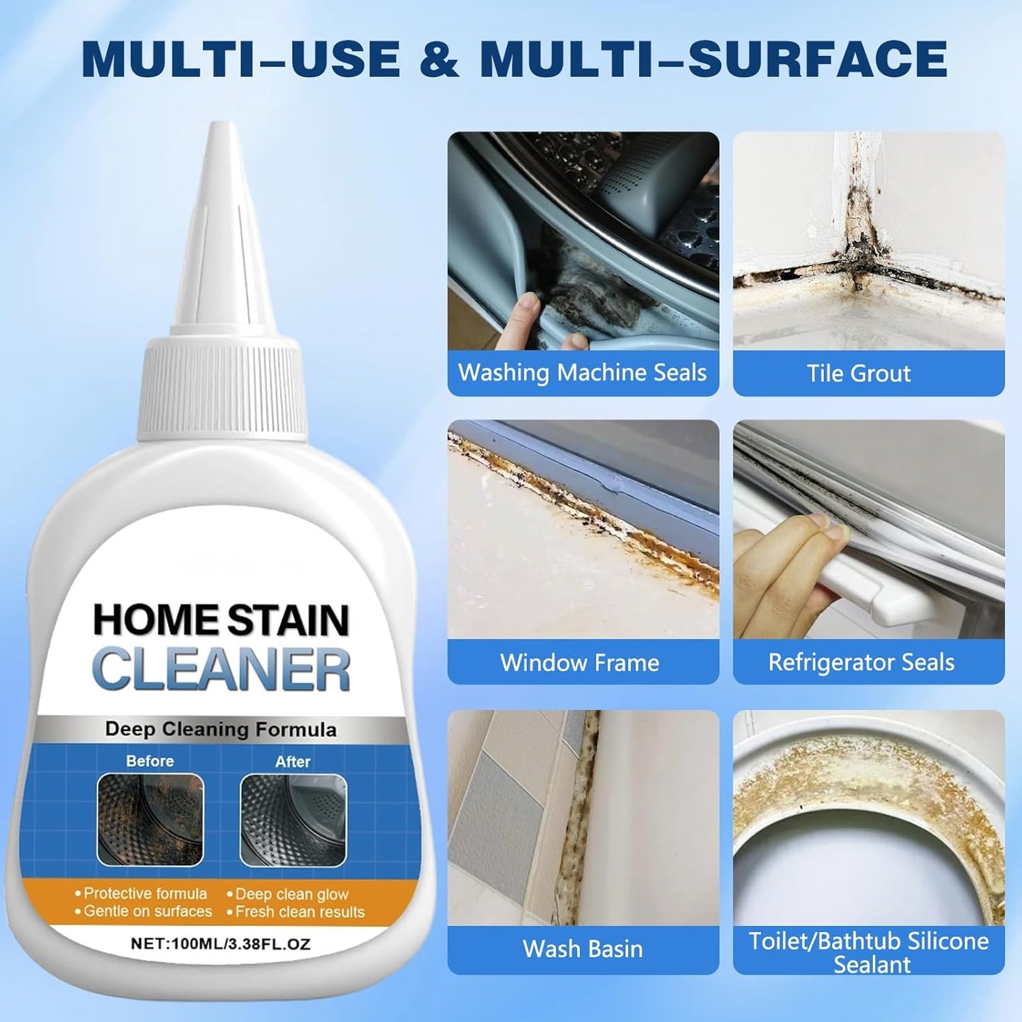 Mold stain removal gel cleaner, washing machine cleaner, washing machine, refrigerator seals, tile caulking agent, kitchen sink bathroom cleaning caulking agent suitable gel