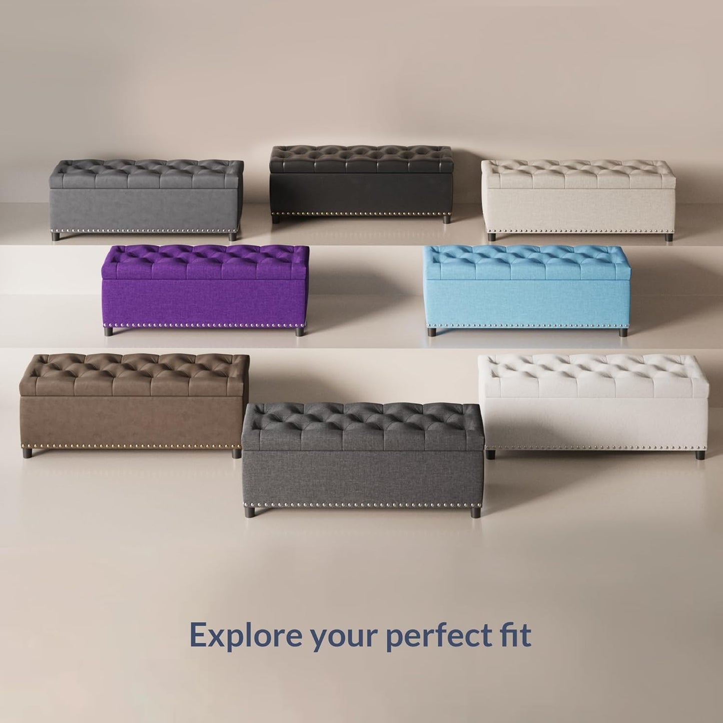 BELLEZE 47" Storage Ottoman, Storage Bench with Safety Close Hinge, Linen Button-Tufted Ottoman for Living Room, Entryway, Hallway, Foot Rest, Support 300lbs - White