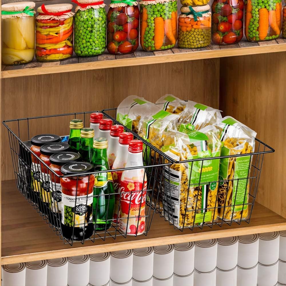 SANNO Freezer Baskets Wire Storage Baskets Closet Baskets Bin Farmhouse Organizer Storage Bins Large Organizer Bins for Home, Office, Bathroom, Pantry Organization Storage -Black Set of 2, 15.7"