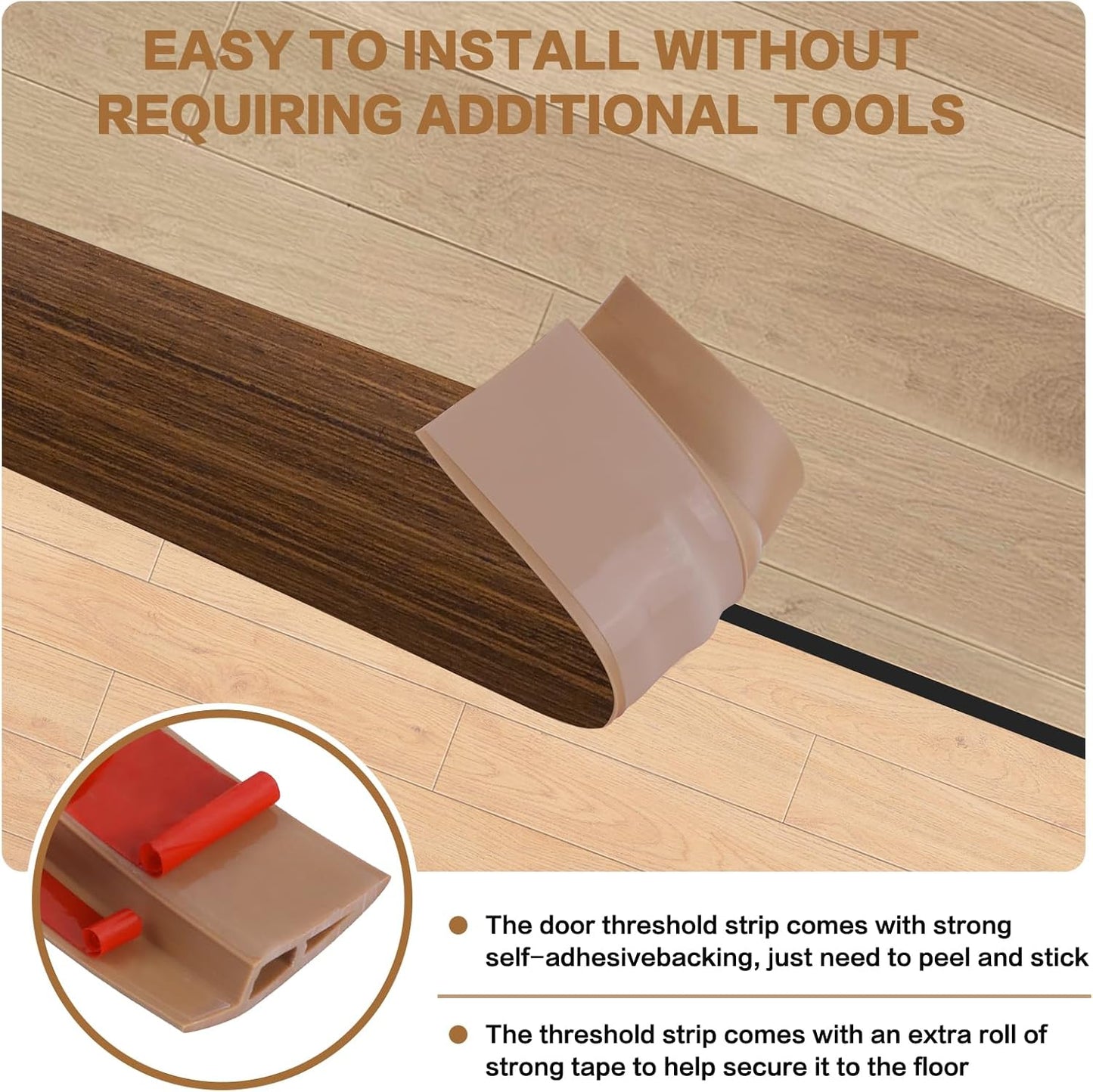 Floor Transition Strip Vinyl Door Threshold Ramp Self Adhesive Carpet Edging Strip Doorway Edge Trim, Overlap Edge Reducer for Laminate Carpet, Floor, Tile (Brown Wood Grain, 1/5" to 2/5", 3.3Ft)