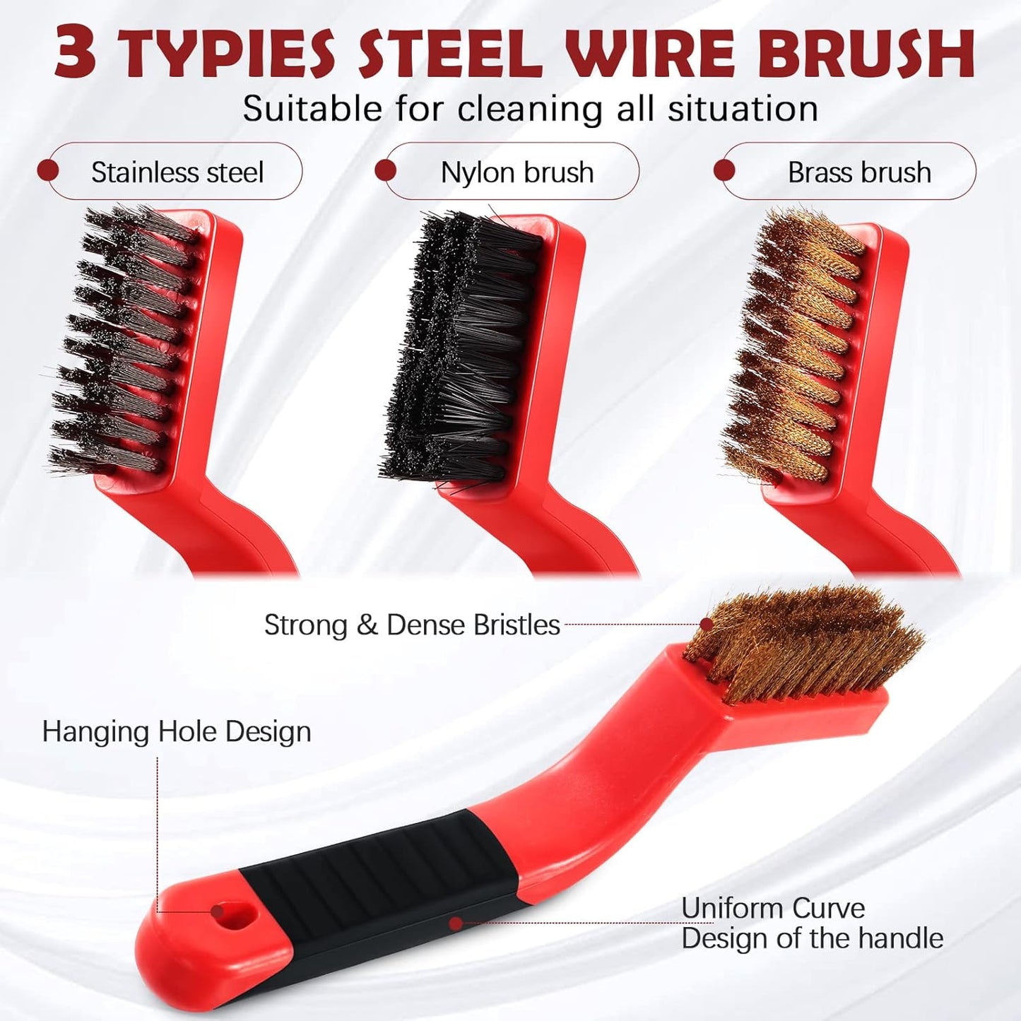Sumind 60 Pcs Wire Cleaning Brush Set Nylon/ Stainless Steel/ Brass Metal Brush with Curved Handle Grip Paint Remover for Cleaning, Rust, Drill, Scrub, Grout Cleaner Tool (Red and Black)