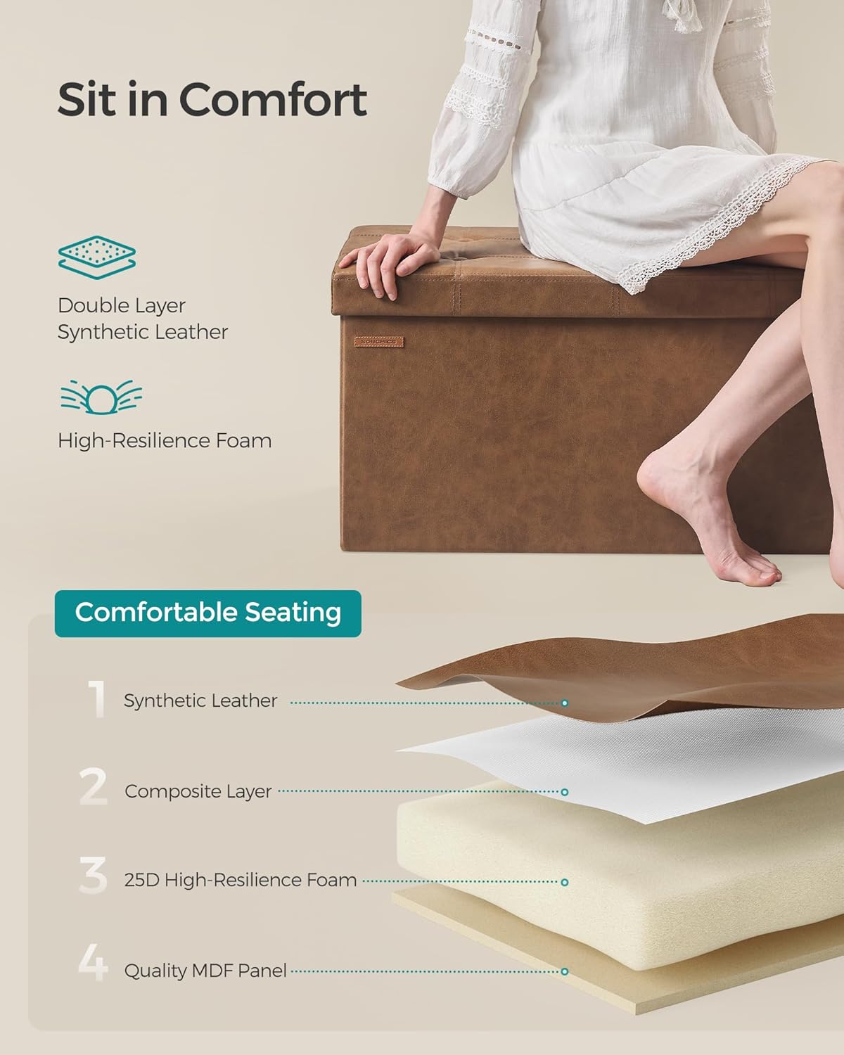 SONGMICS Mazie Collection - 30 Inches Folding Storage Ottoman Bench, Ottoman with Storage, Foot Rest Stool, Load 660 lb, for Living Room, Synthetic Leather, Coffee Brown ULSF040K11