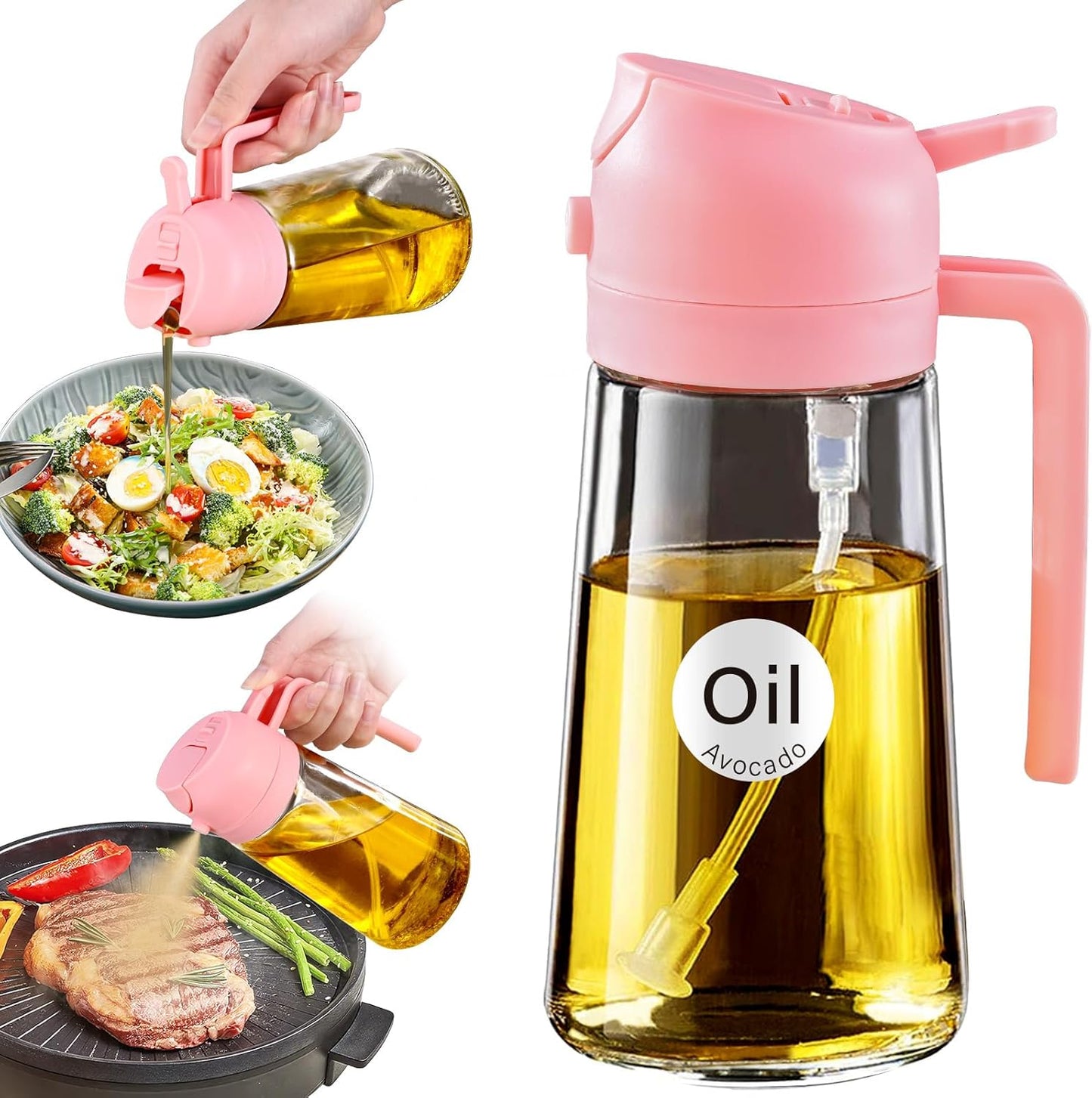 YARRAMATE 16oz/470ml Oil Sprayer for Cooking with Stickers, Food-grade Premium 2 in 1 Olive Oil Dispenser Bottle for Kitchen Gadgets, Air Fryer, Salad, Frying, BBQ (Pink)