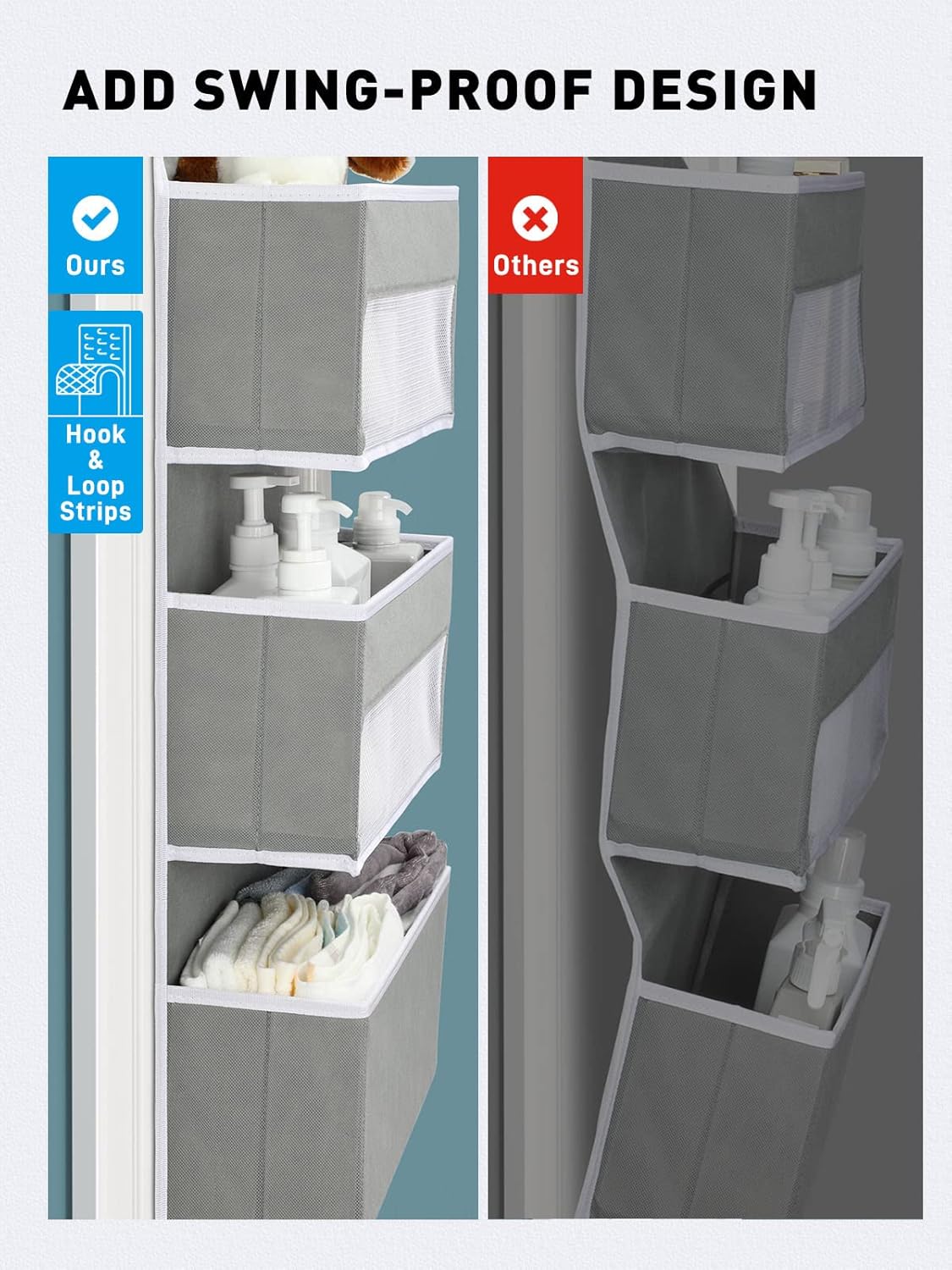 Yecaye 6-Tier Over the Door Storage Organizer, Flexible 1 Split into 2 Swing-proof Hanging Bathroom Storage Organization, Bedroom Organizer and Storage for Newborn Baby Essentials, Grey