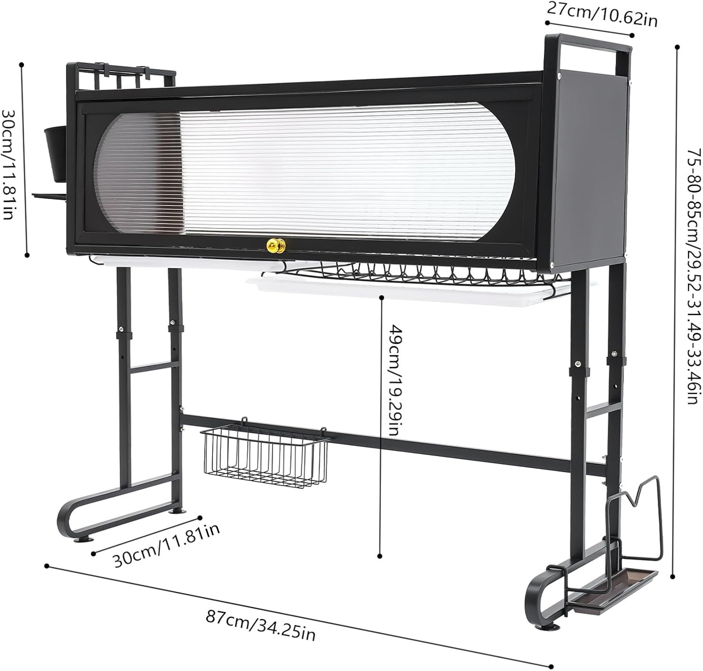 3 Tier Over The Sink Dish Drying Rack W/Clear Cabinet Door, Adjustable Dish Drainer Rack, Black Large Dish Rack, Expandable Shelf Rack W/ Utensil Holder, Dish Drainer Kitchen Organizer for Home Use