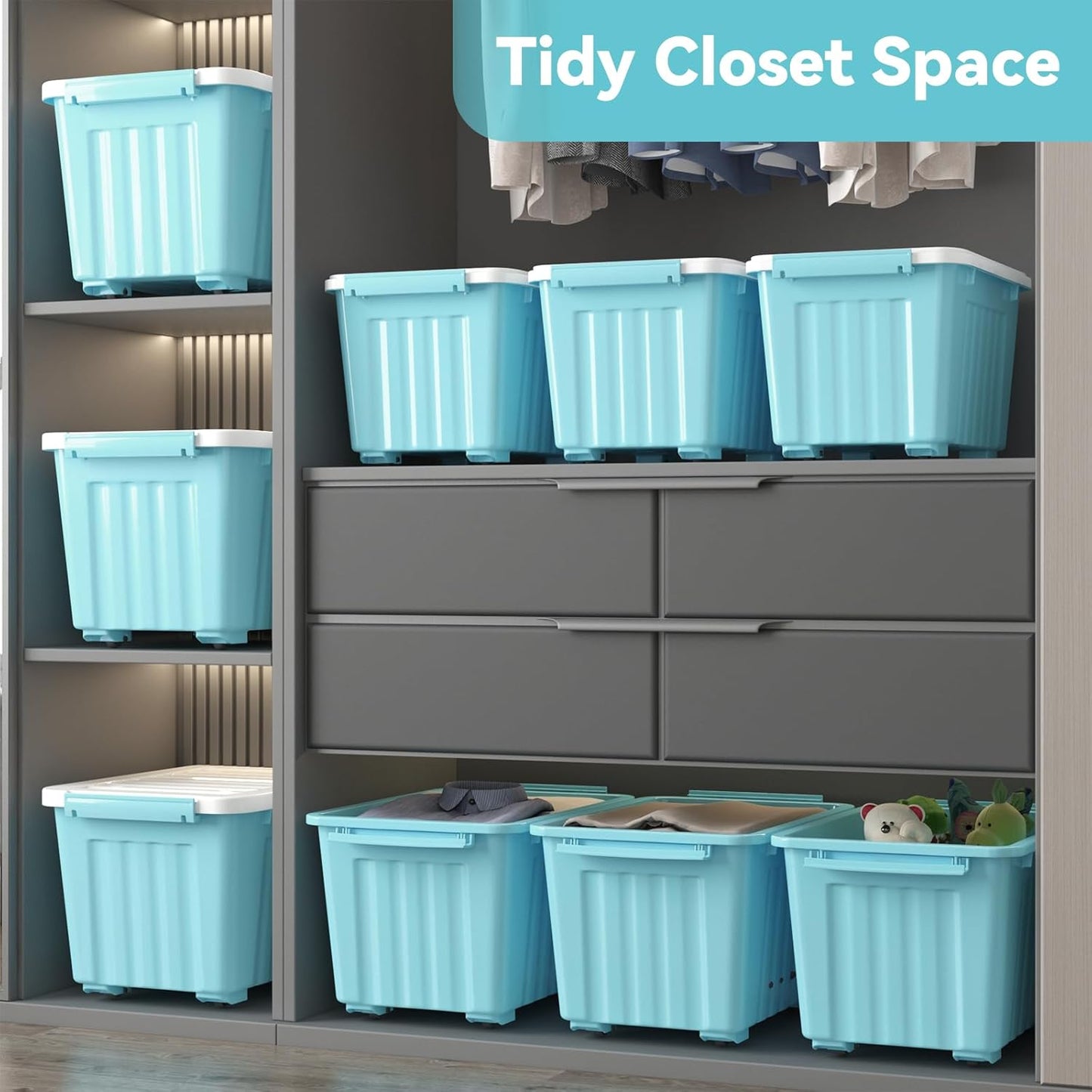 Nazhura 72 Quart Plastic Storage Bin, Stackable and Nestable Storage Boxes with Lids and Secure Latching Buckles, Large Storage Container (Blue, 72Quart-4Pack)