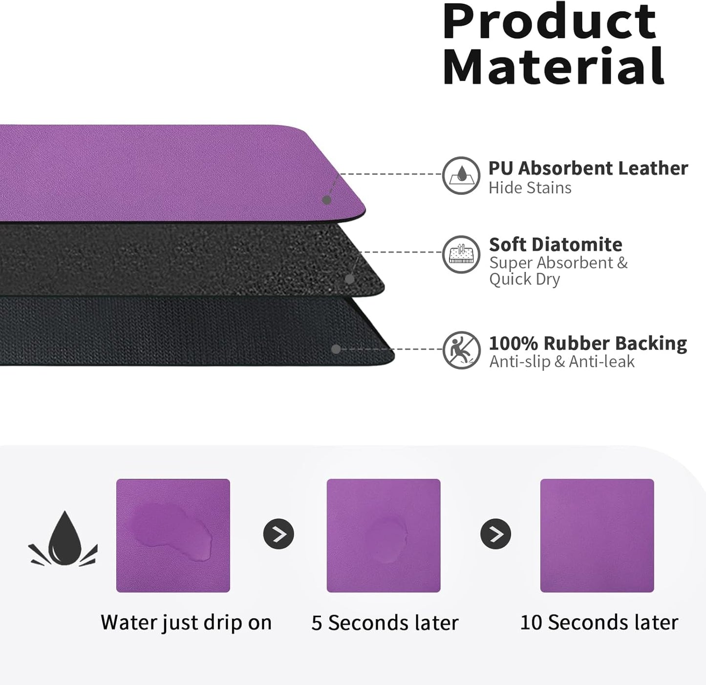 Dish Drying Mat for Kitchen Counter, Heat Resistant Drainer Mats with Non-slip Rubber Backed, Hide Stain Kitchen Super Absorbent Draining Mat, Easy to Clean Dish Rack Pad, Purple 18"x24"