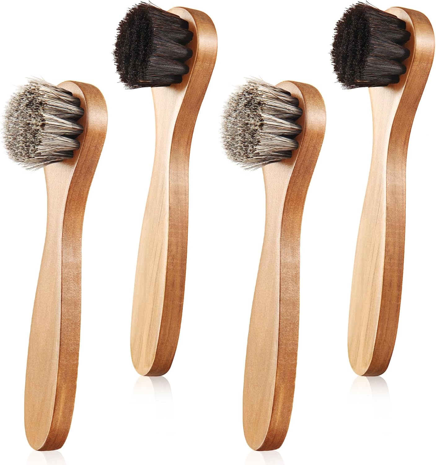 4 Pcs Horsehair Shine Shoes Brush Kit Polish Dauber Applicators Cleaning Leather Shoes Boots Care Brushes Suede Cleaner Brush with Microfiber Shoe Cloth(Wooden Handle B)
