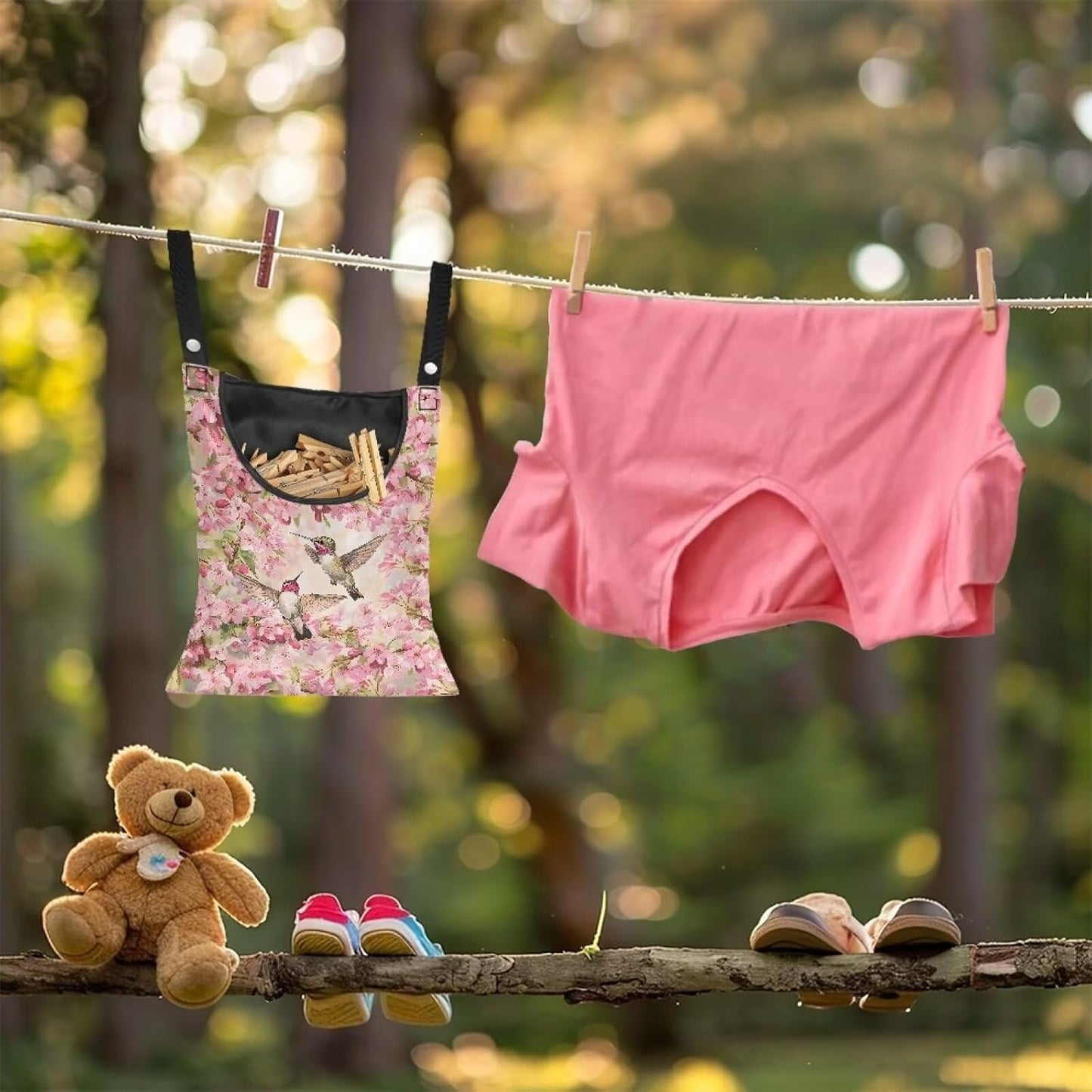 Hummingbird and Cherry Blossom Clothespin Storage Bag, Space-Saving Organize Clothespin Bag with A Large Opening for Clothesline Outdoor