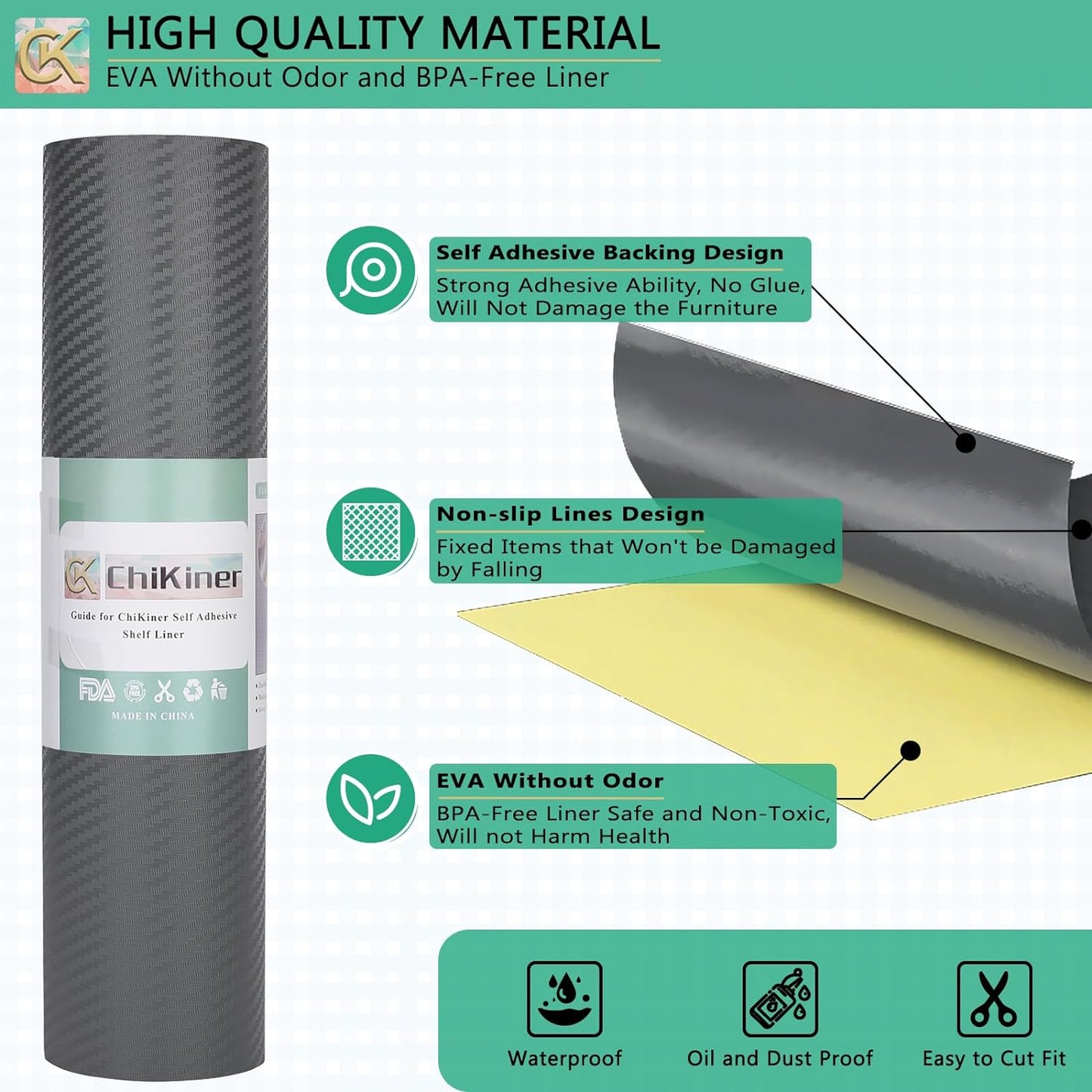 Self-Adhesive Shelf Liner Kitchen Liner, Waterproof Backed Paper Easy Peel and Stick Contact Liner Without Residue for Decor Your Desk Surface, Kitchen Countertops (Silver, 11.8 x 59 inches)