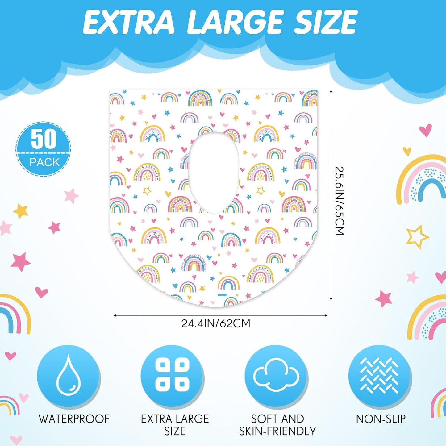 50 Packs Disposable Toilet Seat Covers Extra Large Individually Wrapped for Kids and Adults, Portable Non Slip Waterproof Potty Seat Covers for Toddlers Potty Training, Travel (Rainbow)