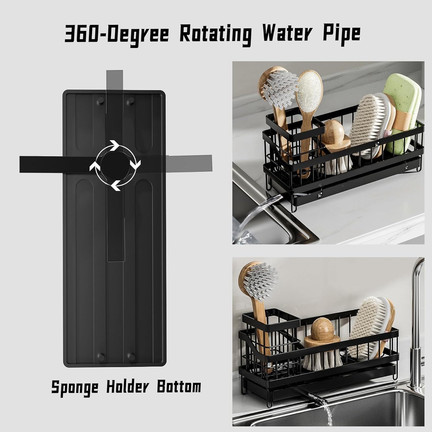 Large Sponge Holder for Sink, Stainless Steel Sink Caddy Organizer with Rotatable Spout - Kitchen Sink Organizer for Sponges, Brushes, Detergent & Sink Stopper - Space Saving Home Essentials