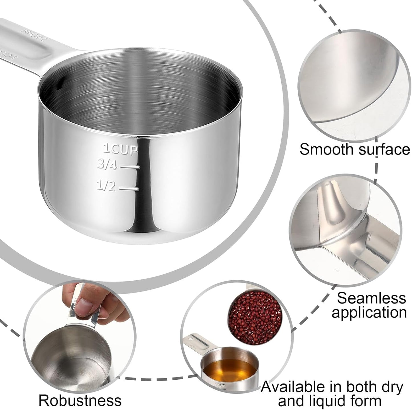 Stainless Steel Measuring Cup, 1 Cup Rice Measuring Cups (8 oz | 240 ml), Single Measure Cups, Kitchen Gadgets, Metal Measure Scoop for Cooking Baking, Laundry Detergent, Wet and Dry Ingredients