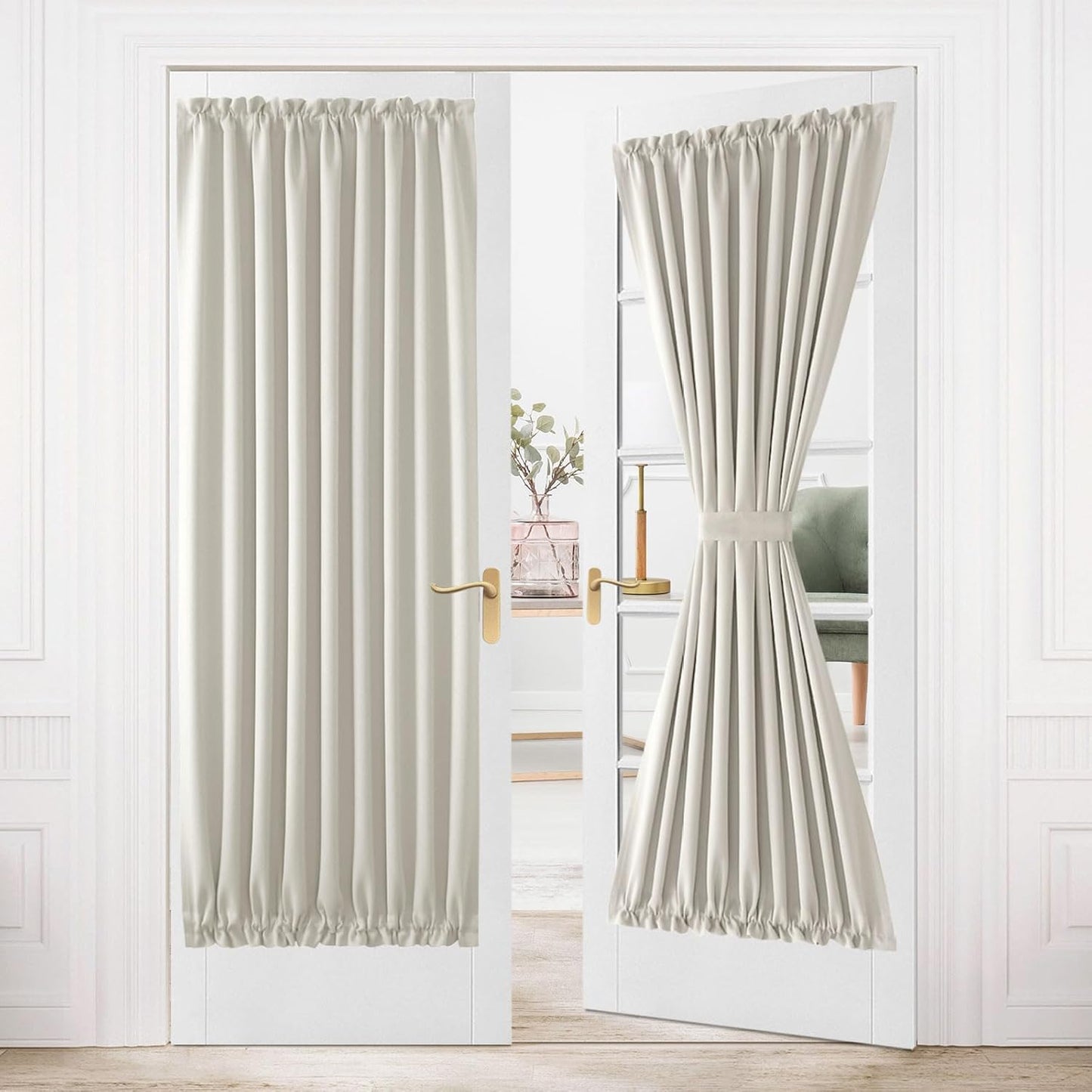 DWCN French Door Curtains – Rod Pocket Thermal Blackout Curtain for Doors with Glass Window, Kitchen and Patio Doors for Privacy, 54 X 80 Inches Long, 1 Curtain Panel with Tieback, Ivory