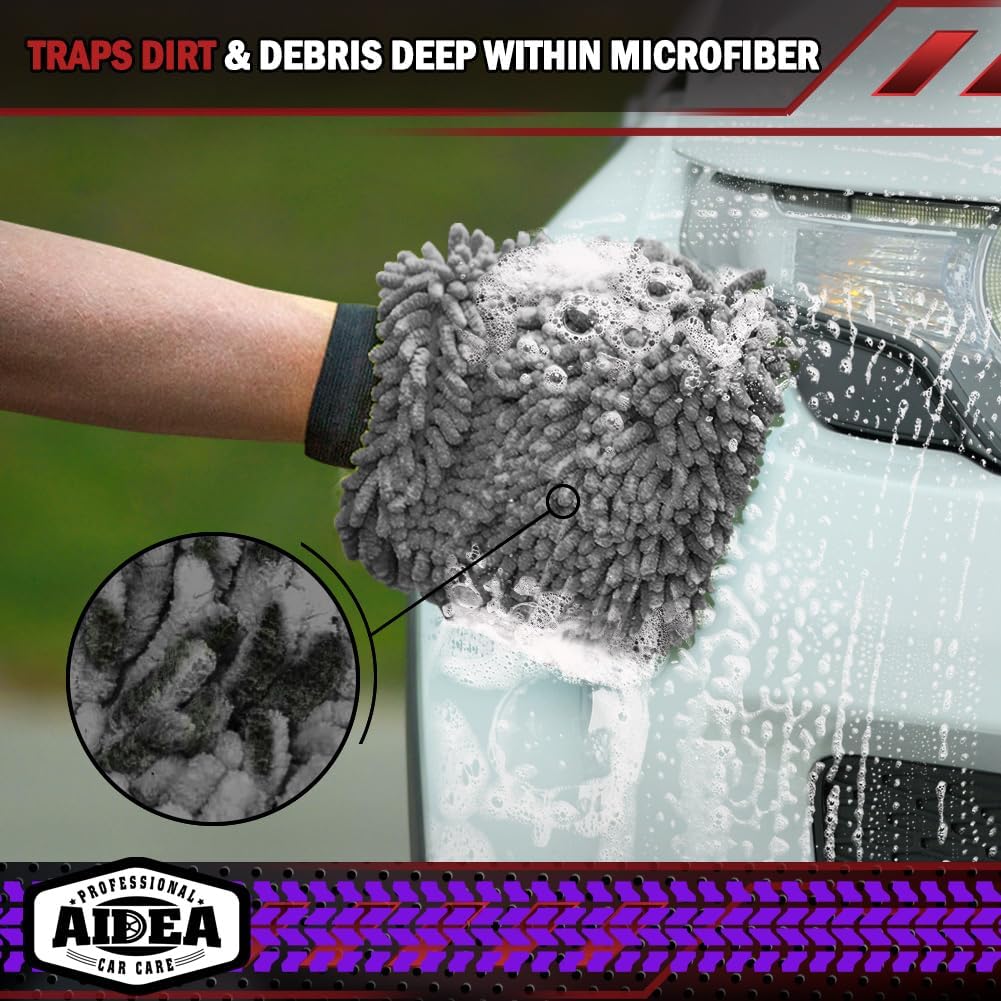 AIDEA Car Wash Mitt Microfiber-2Pack, Scratch-Free& Lint-Free, Premium Chenille Microfiber Wash Mitt-Grey Extra Large Size (8''X12'')